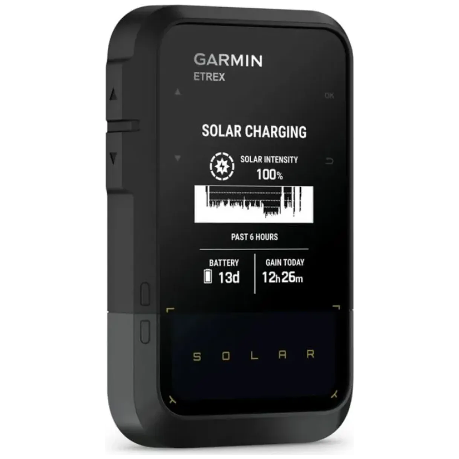 Garmin Etrex met zonne-energie: 100% intensiteit, 13d batterij, 12u 26m winst vandaag.