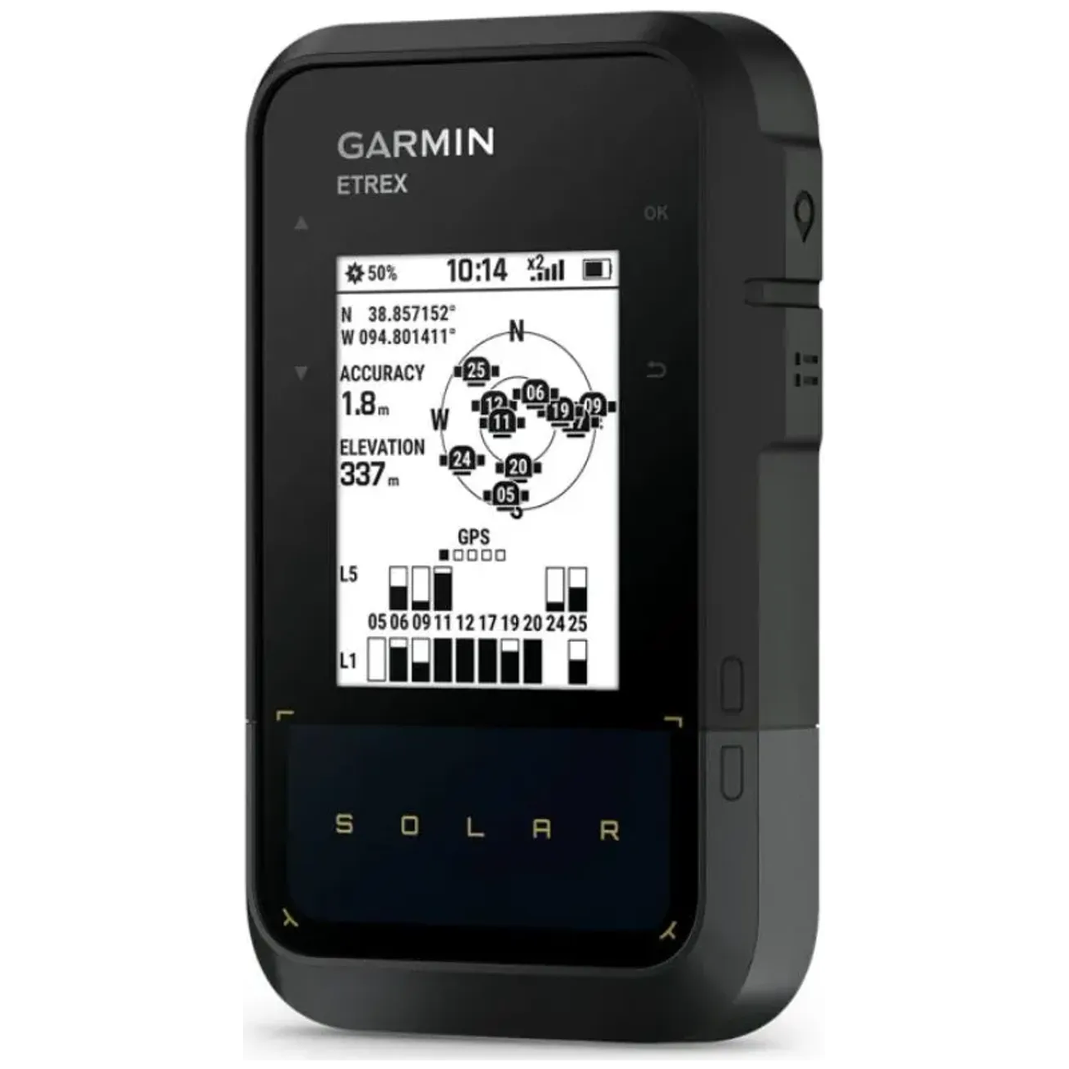 Zwart Garmin Etrex GPS-apparaat met kleurendisplay dat coördinaten en kaart toont.