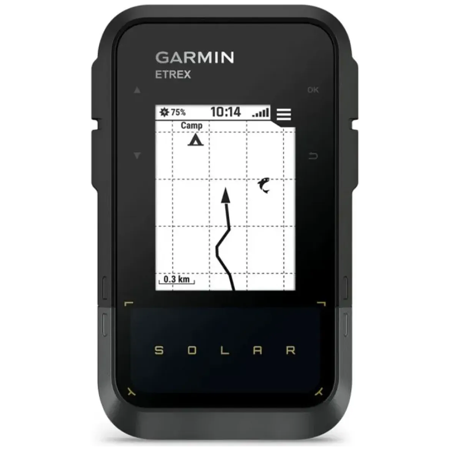 Garmin Etrex GPS-apparaat met kaart, tijd en zonne-display.