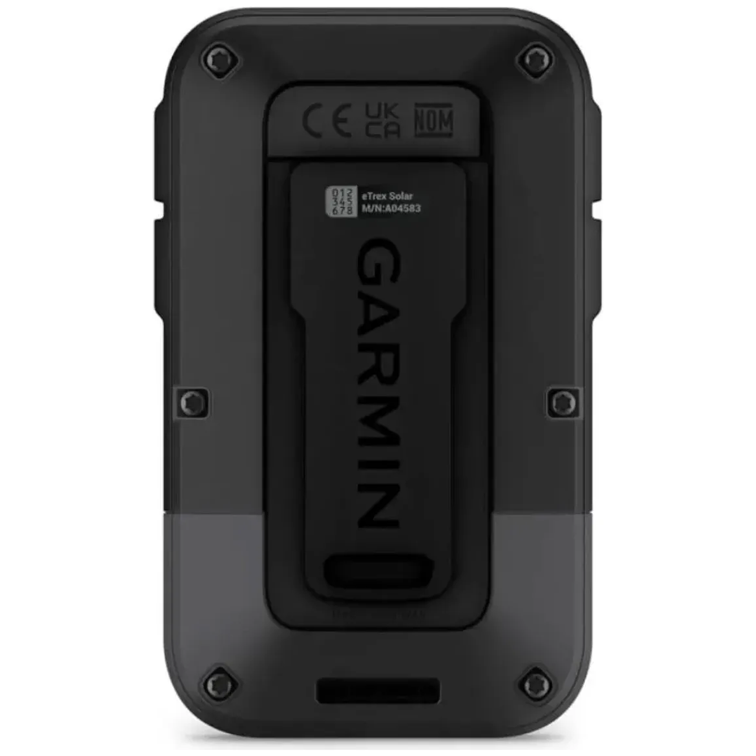 Achterkant van zwart Garmin eTrex Solar GPS-apparaat, met CE/UKCA/NOM-markeringen.