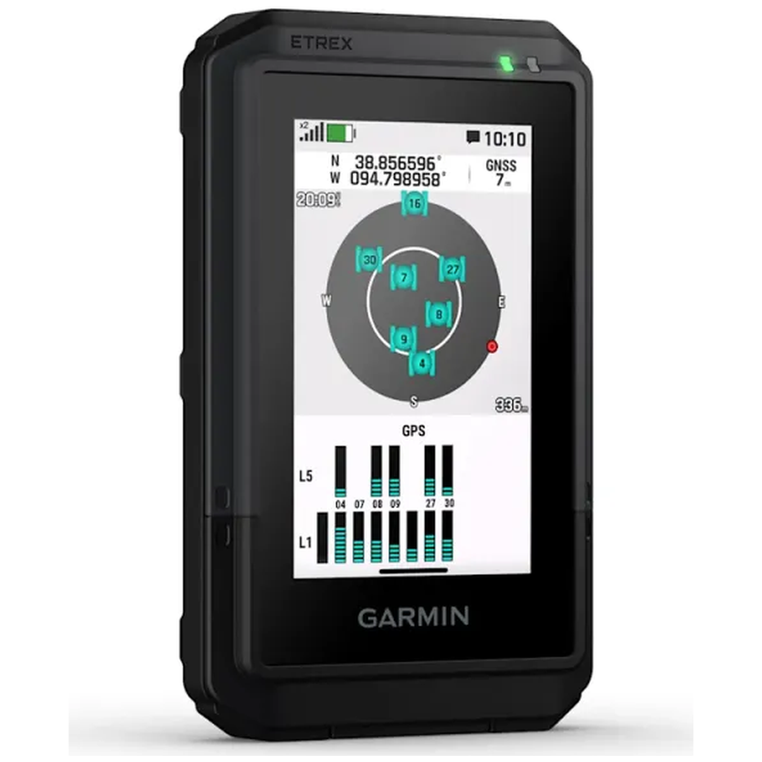 A black Garmin Etrex GPS device showing satellite data and coordinates on screen.