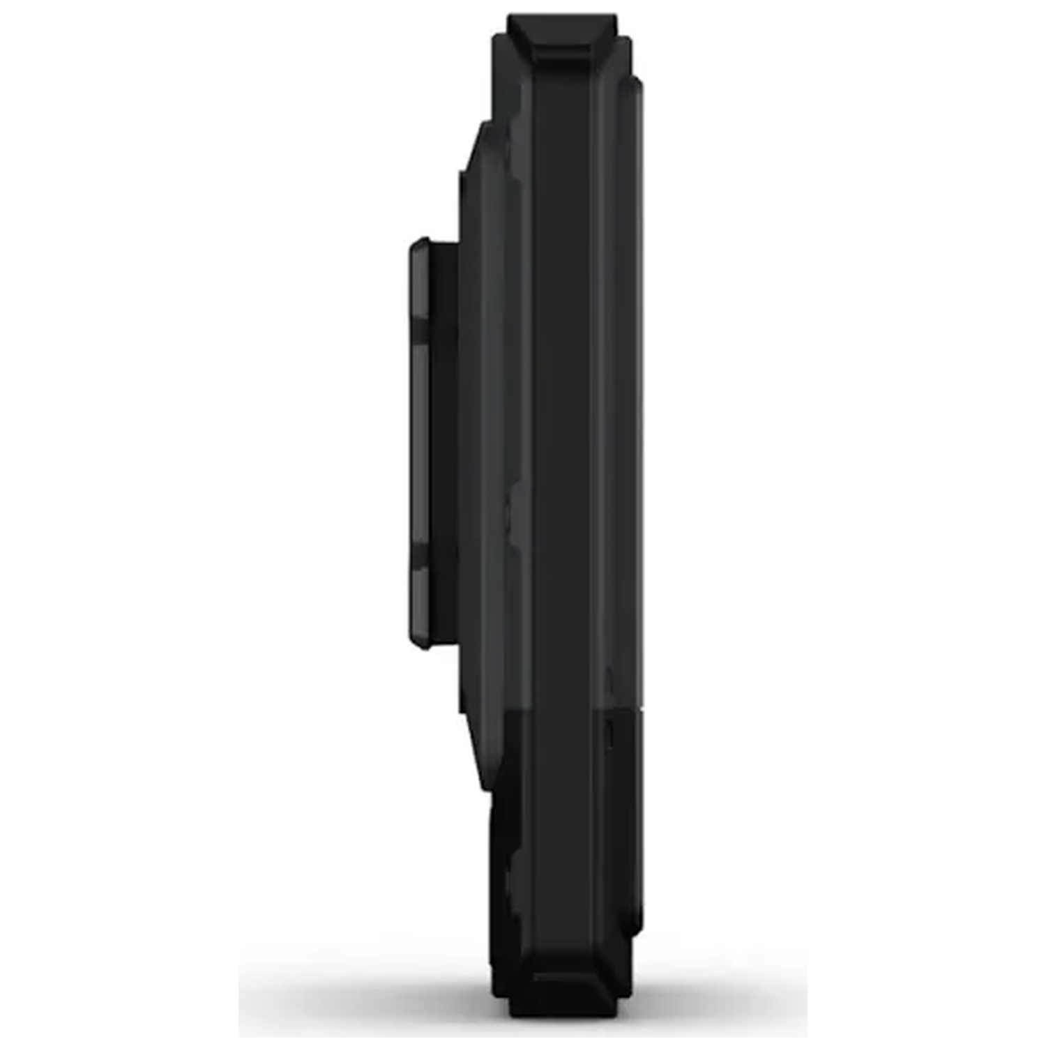 Side view of a black, rectangular device with rounded corners.