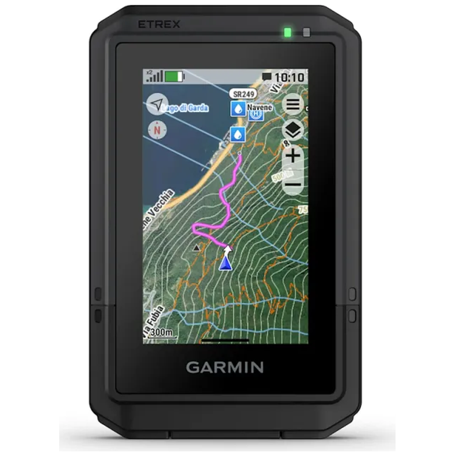 A black Garmin Etrex GPS device displays a topographic map with a hiking route.