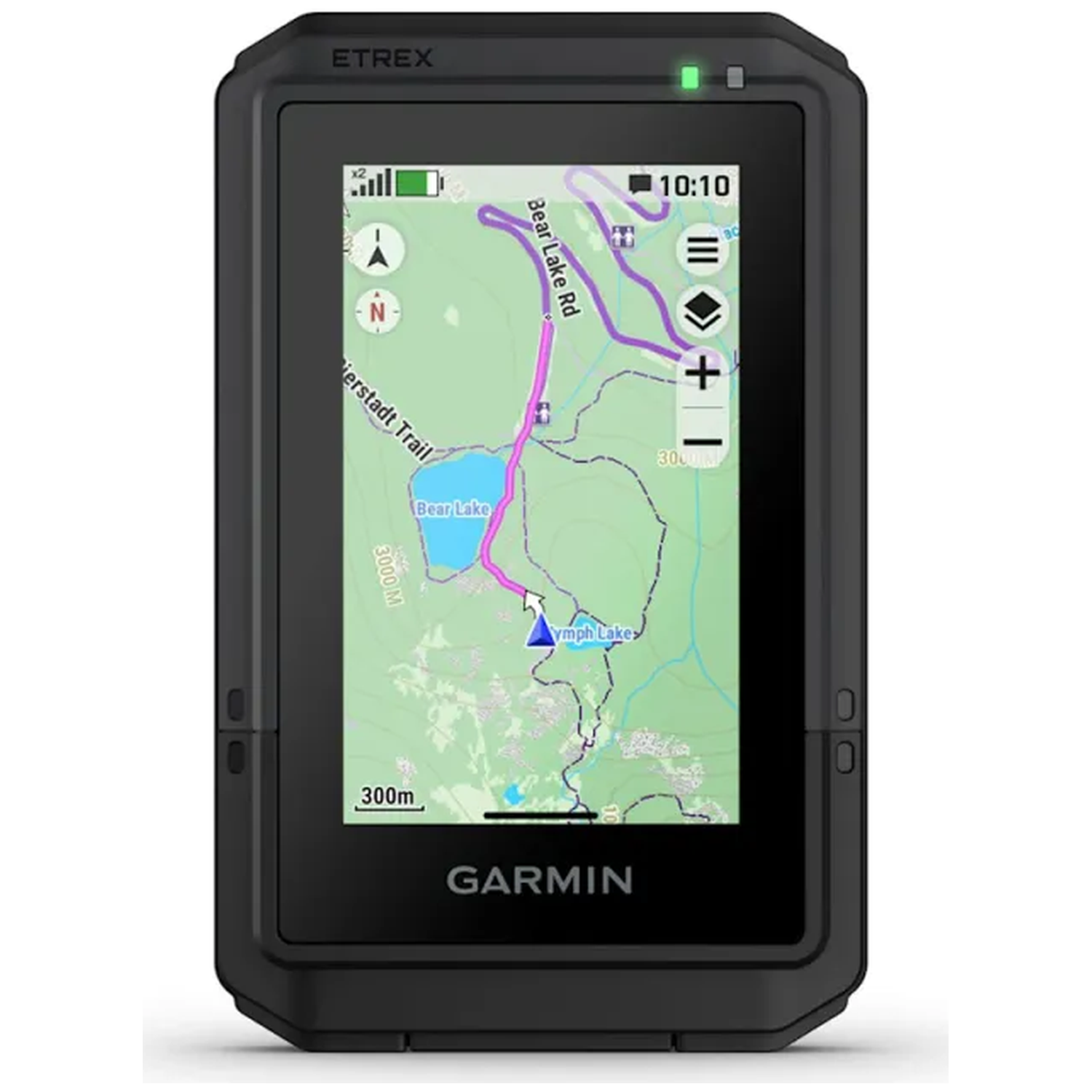 A black Garmin Etrex GPS device displays a hiking map with lakes and trails.