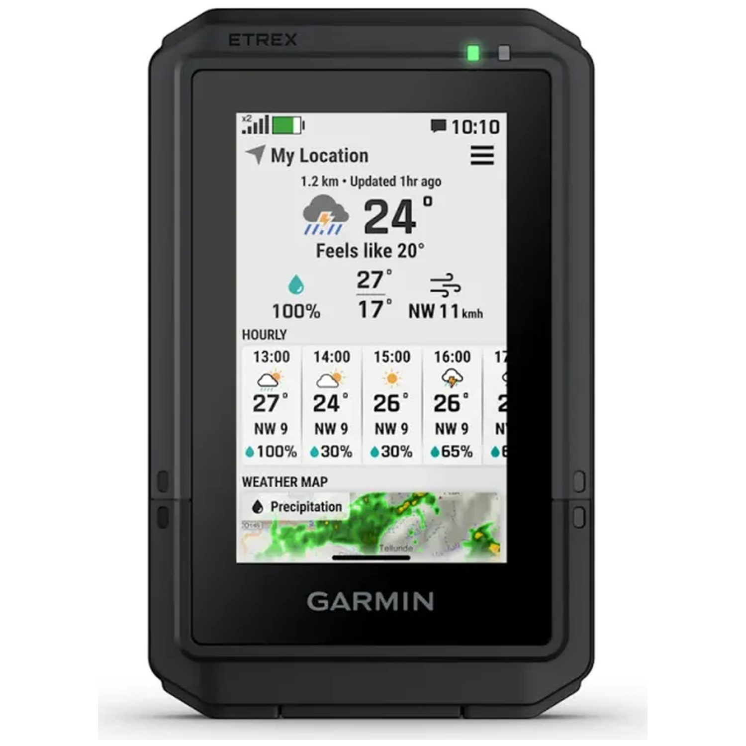Garmin Etrex GPS shows weather data with temperature, precipitation, and wind.