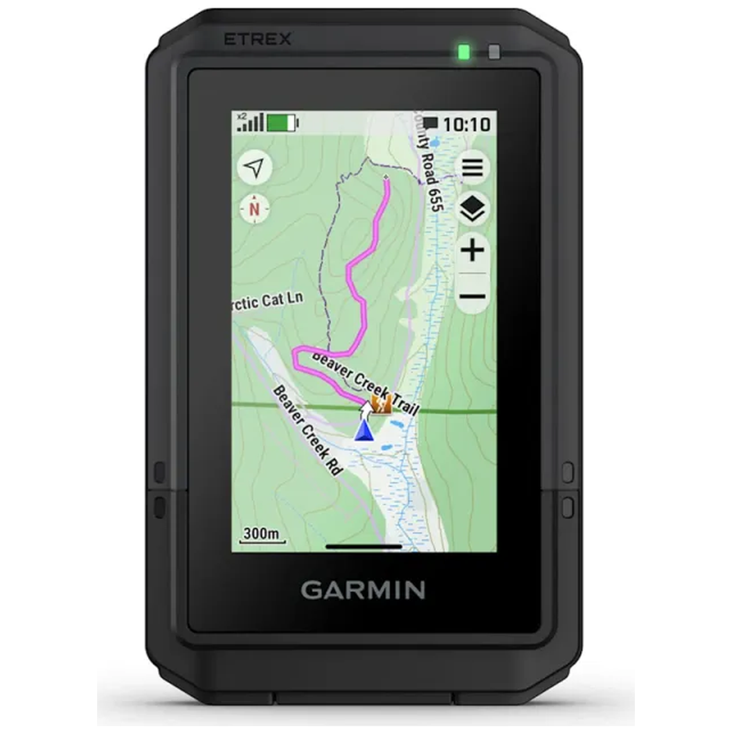 Black Garmin Etrex GPS shows a trail map with a pink route. Time is 10:10.