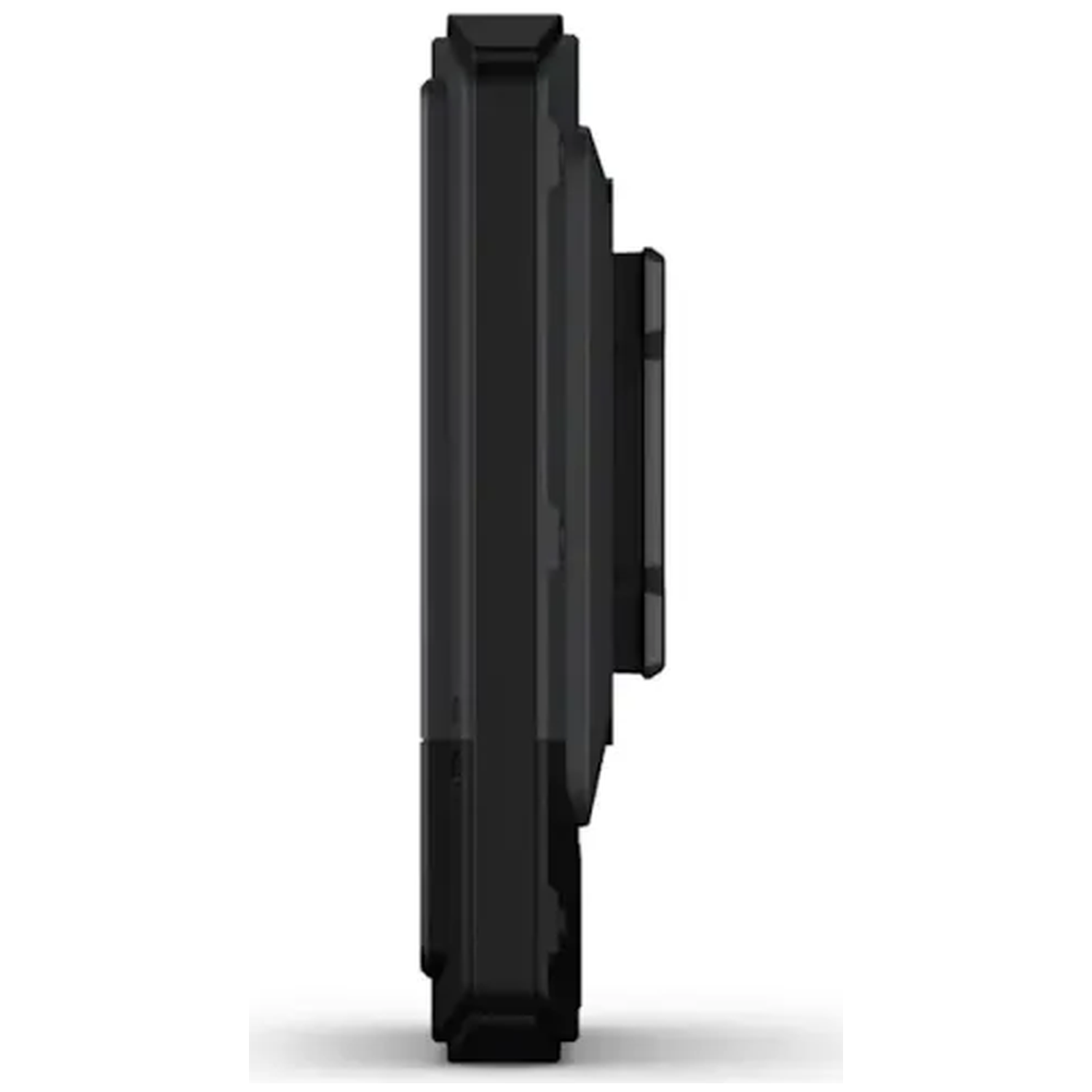Side view of a black rectangular device with rounded edges.