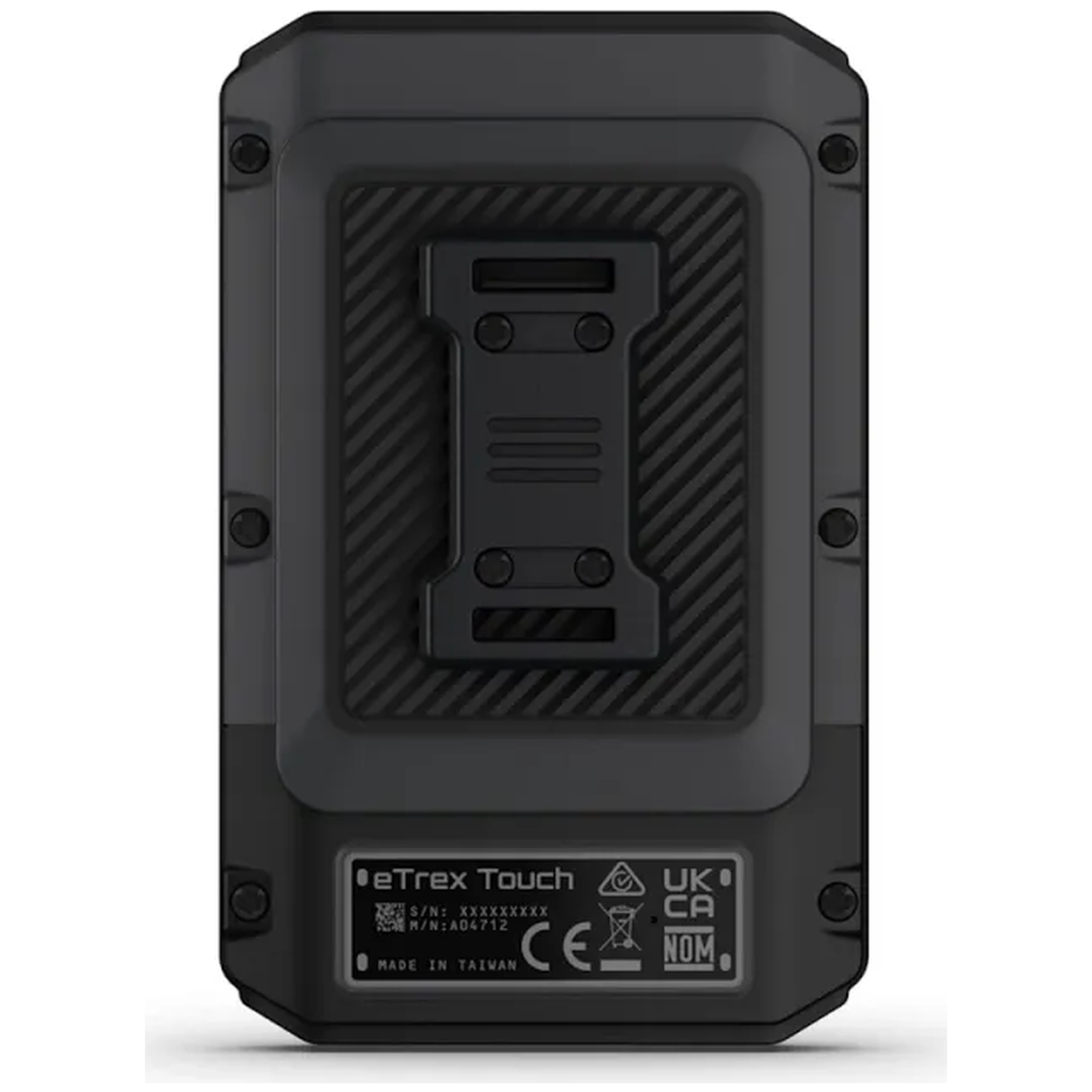 Back view of a black eTrex Touch GPS device showing technical details.