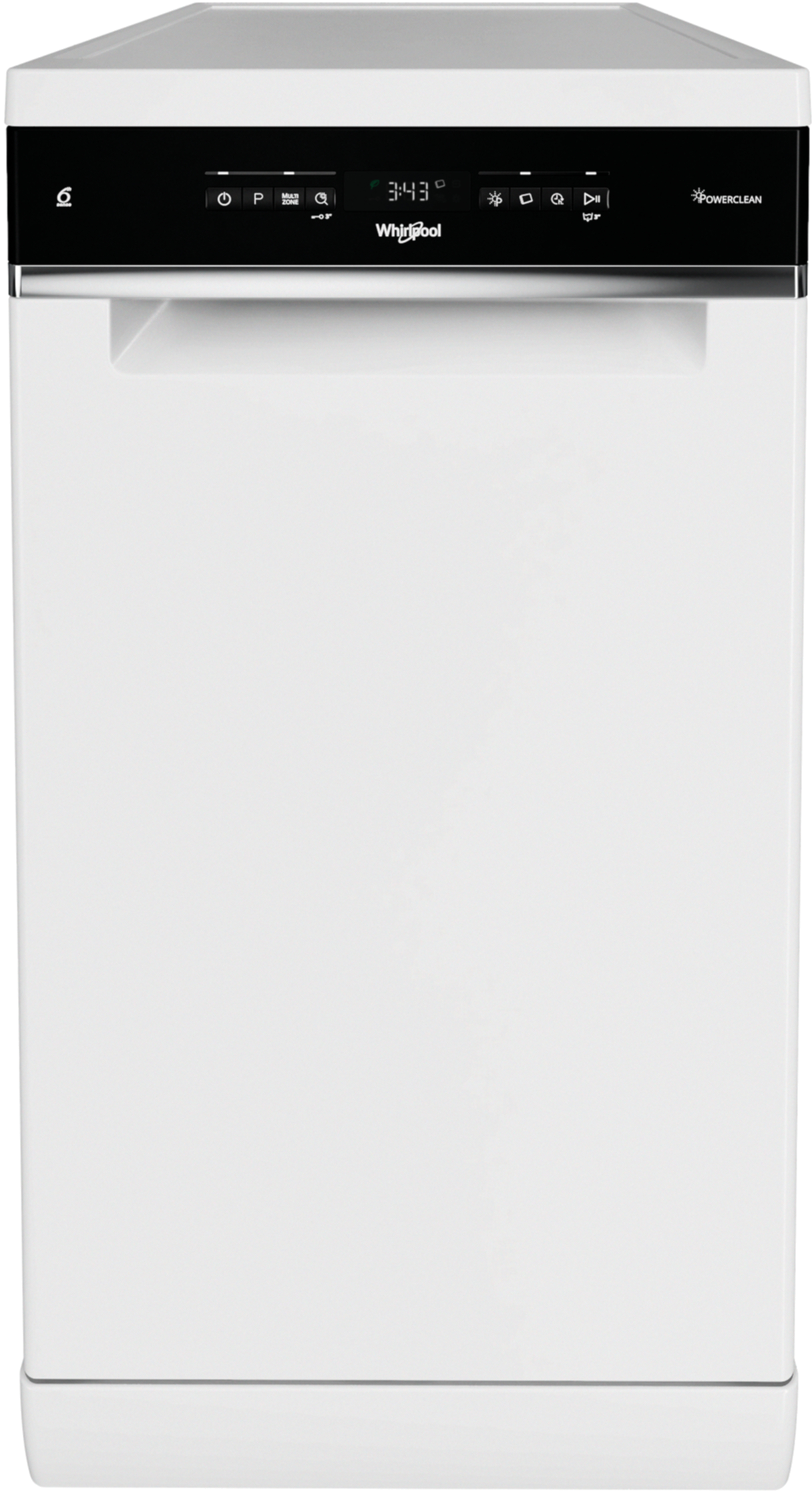 Biała zmywarka z czarnym panelem sterowania i cyfrowym wyświetlaczem.