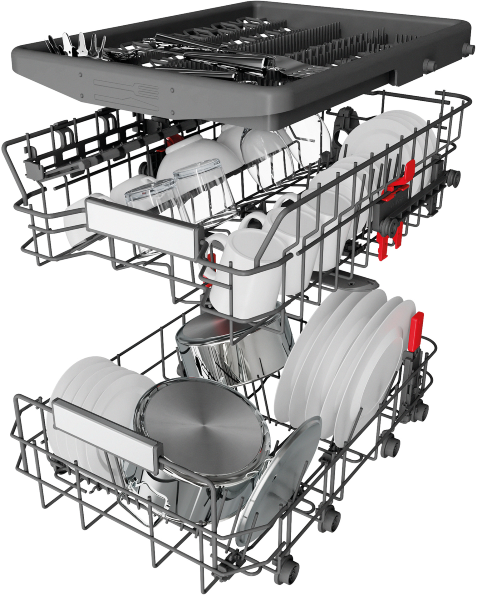 Kosz zmywarki ze szklankami, kubkami, talerzami i naczyniami.