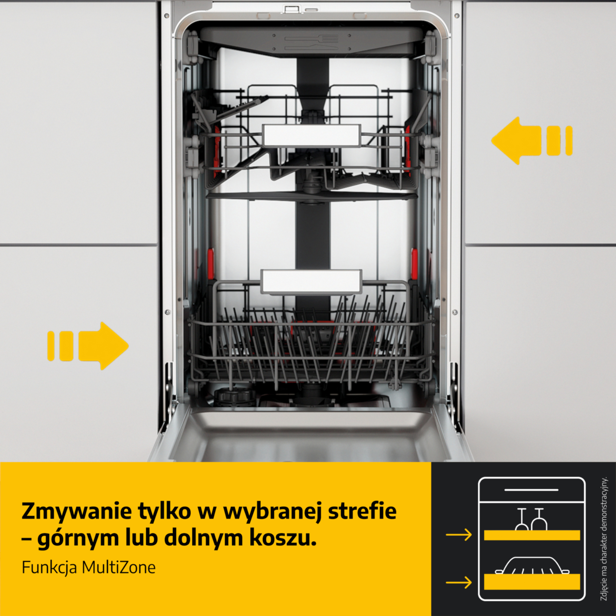 Otwarta zmywarka z dwoma koszami i żółtymi strzałkami. Tekst po polsku.