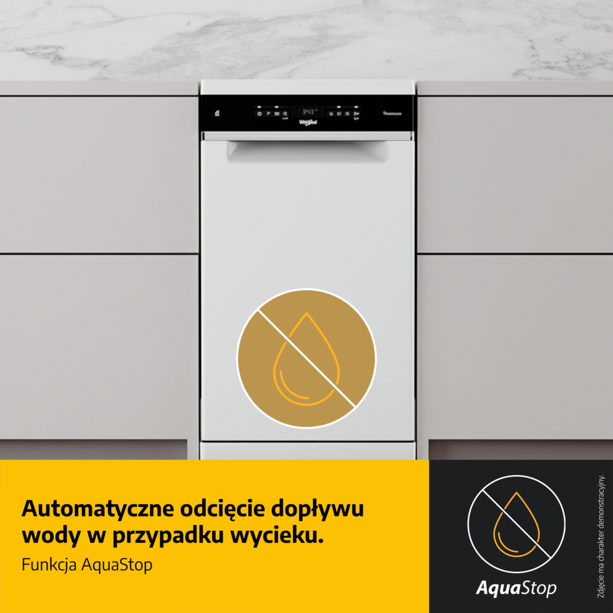 Biała zmywarka z symbolem AquaStop i tekstem w języku polskim.