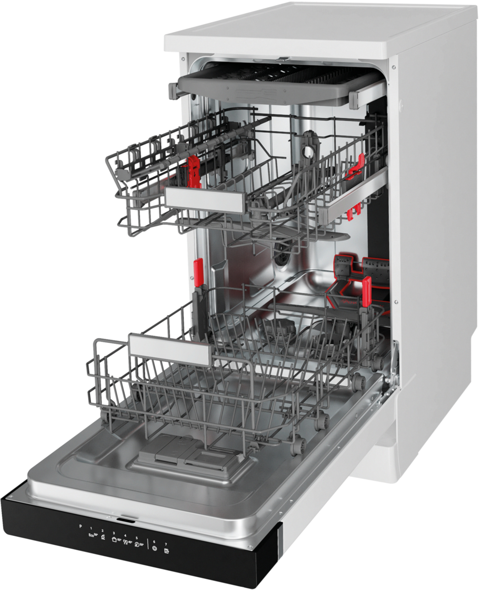 Otwarta biała zmywarka z dwoma wysuniętymi koszami i czerwonymi akcentami.
