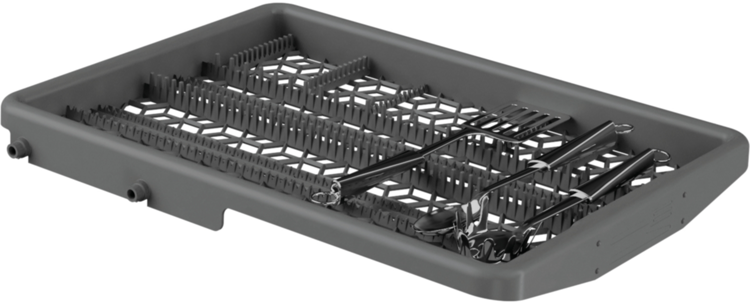 Szary kosz zmywarki z przegrodami na sztućce i kilkoma metalowymi przyborami kuchennymi.