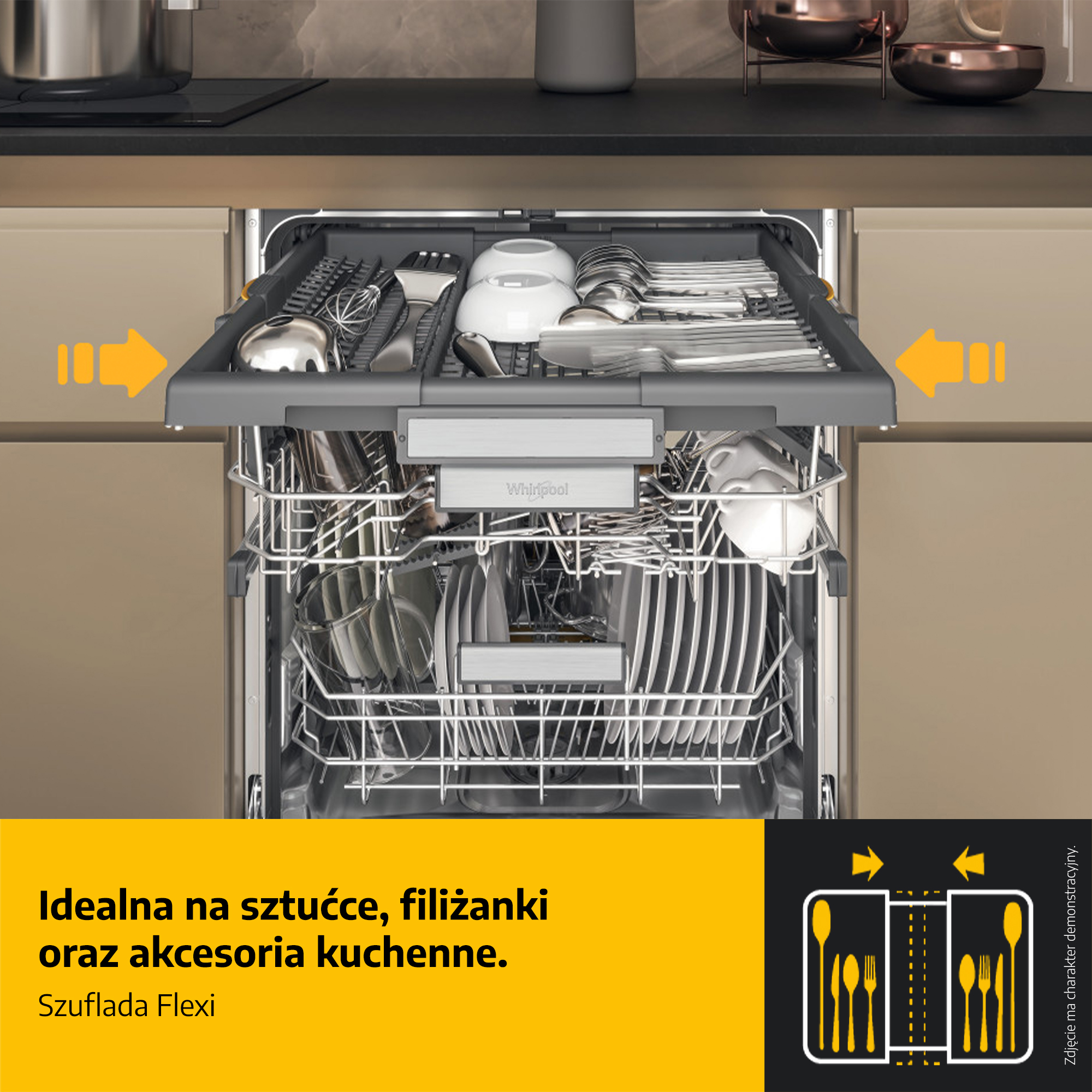 Szuflada zmywarki z sztućcami, filiżankami i akcesoriami. Szuflada Flexi.