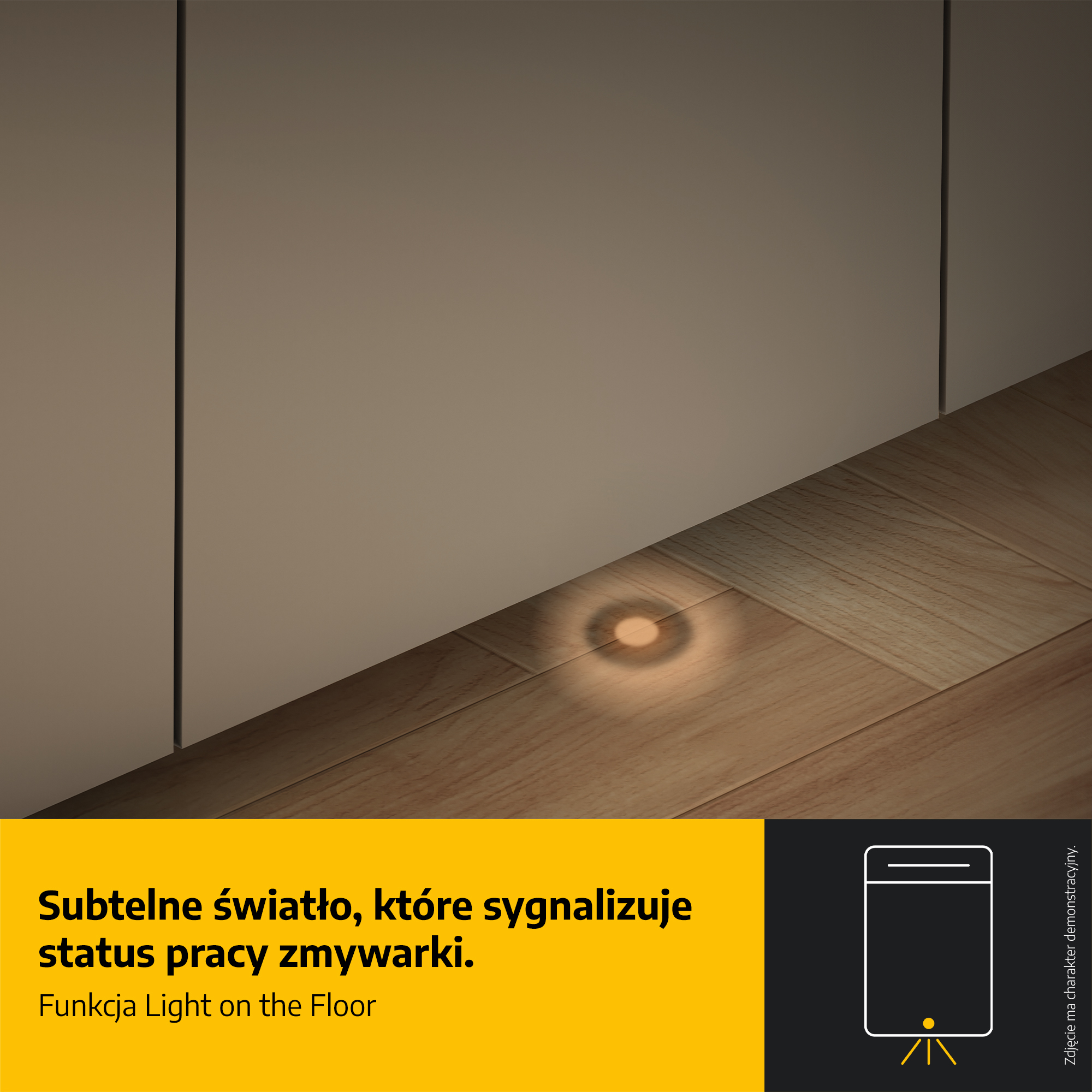Światło na drewnianej podłodze sygnalizuje status zmywarki.