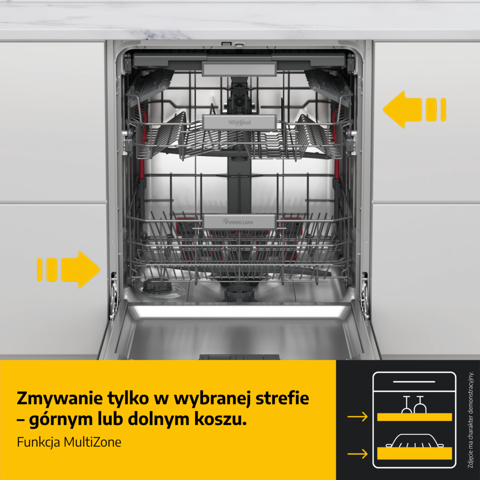 Otwarta zmywarka z dwoma koszami i żółtymi strzałkami wskazującymi strefy.