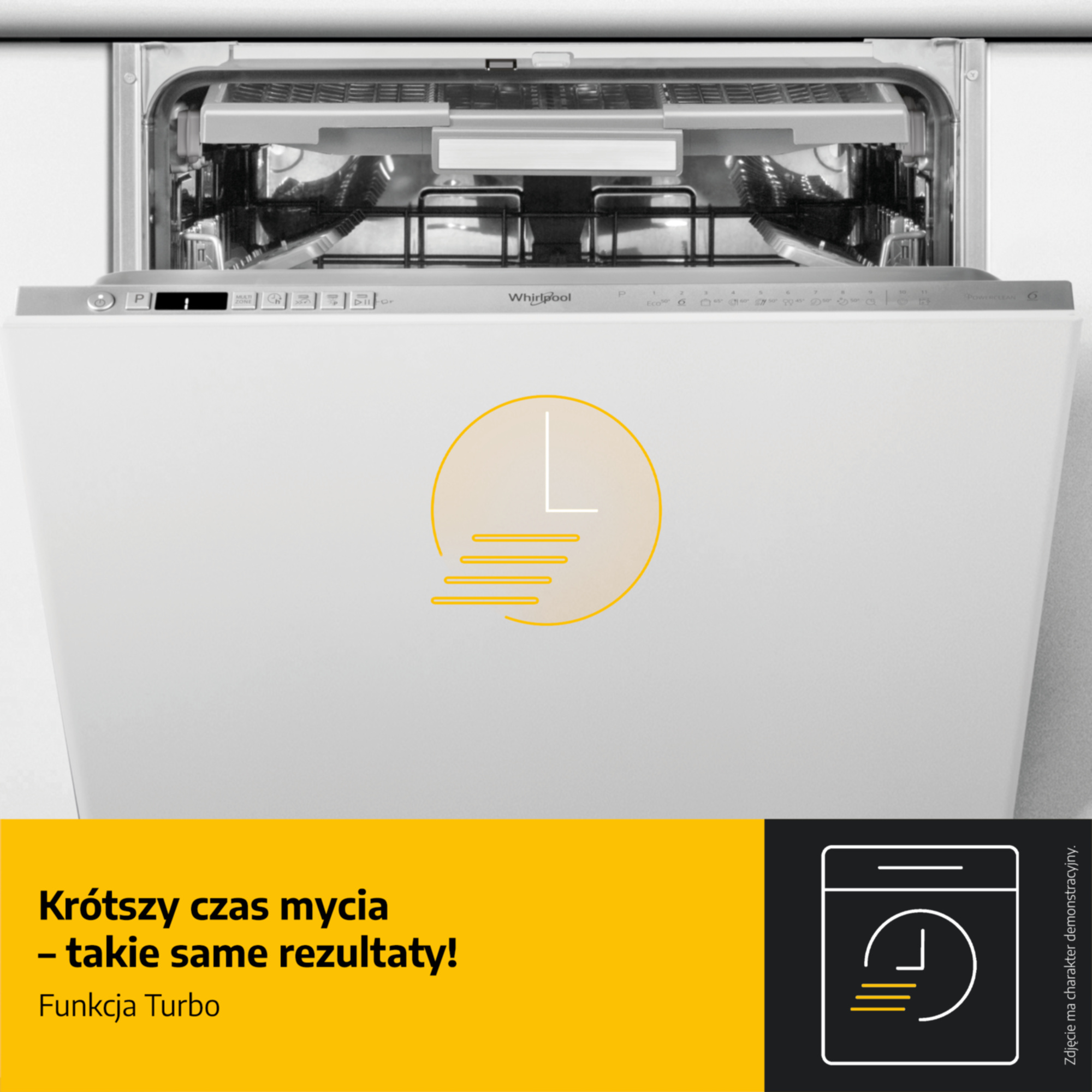 Zmywarka z panelem sterowania i ikoną funkcji Turbo. Tekst: Krótszy czas mycia – takie same rezultaty!