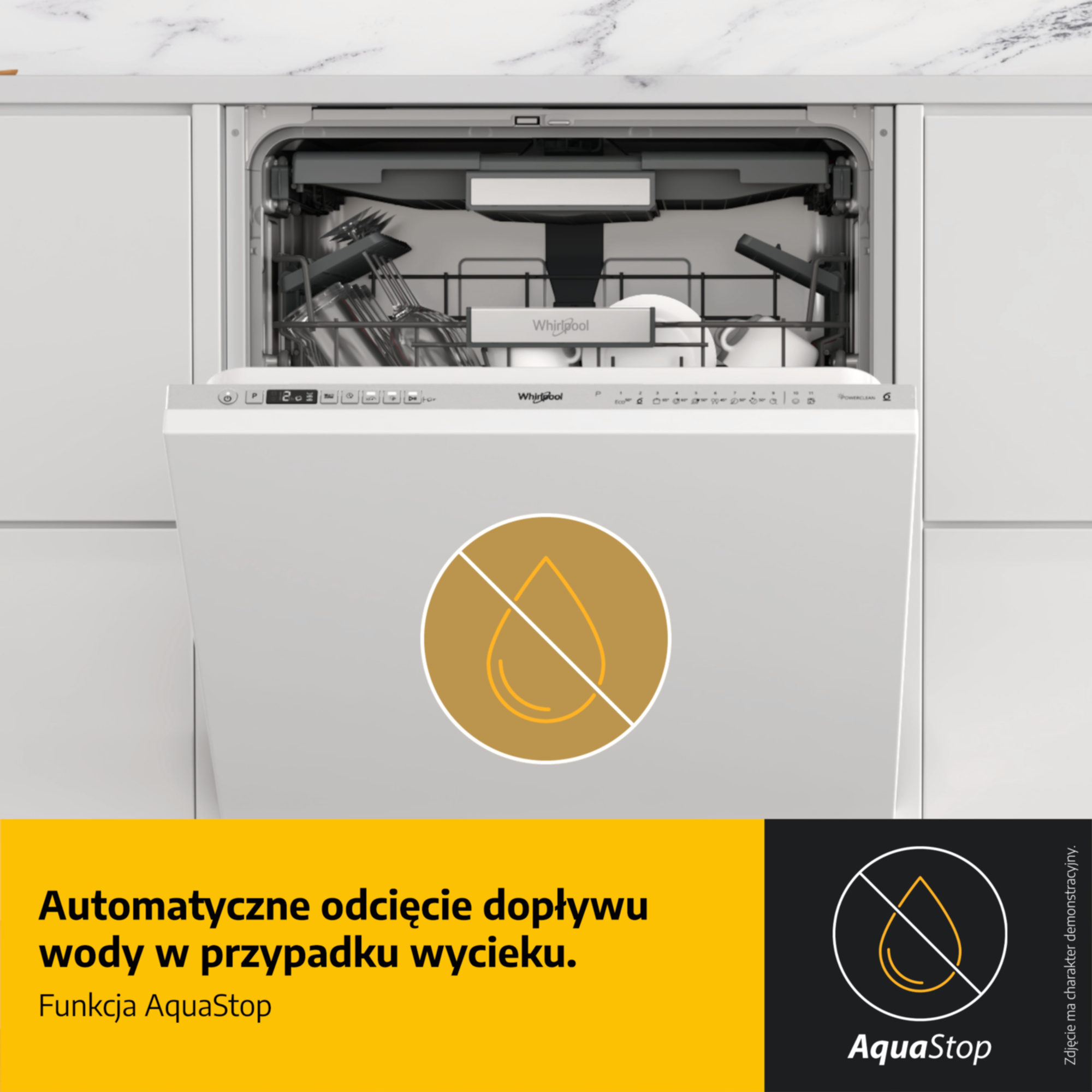 Otwarty zmywarka z naczyniami w środku. Widoczny symbol AquaStop.