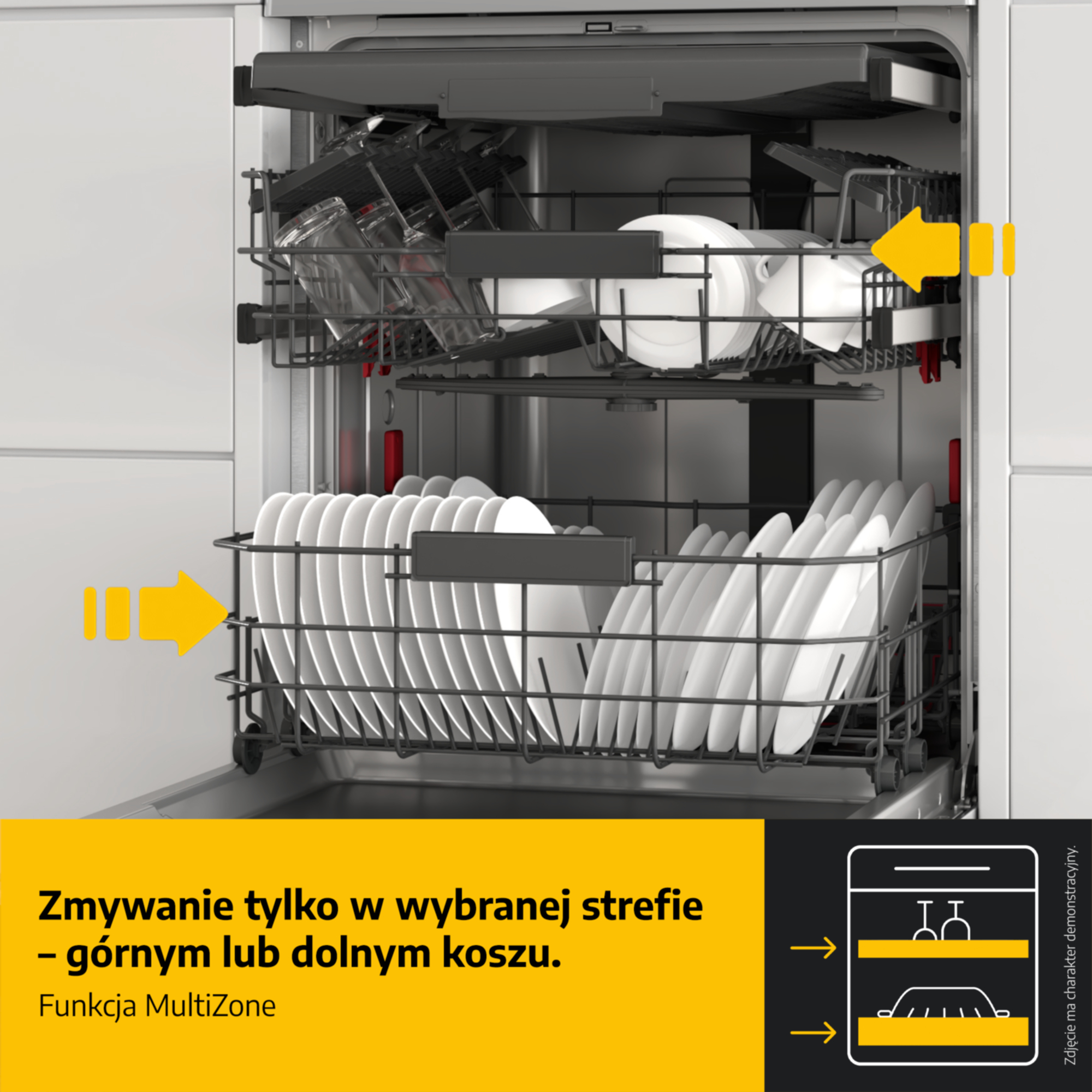 Wnętrze zmywarki: szklanki w górnym koszu, talerze w dolnym koszu.