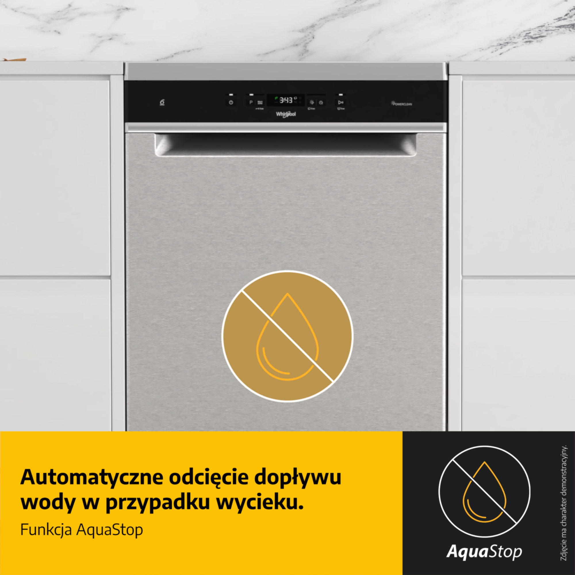 Zmywarka z funkcją AquaStop i cyfrowym wyświetlaczem. Symbol kropli wody w okręgu.