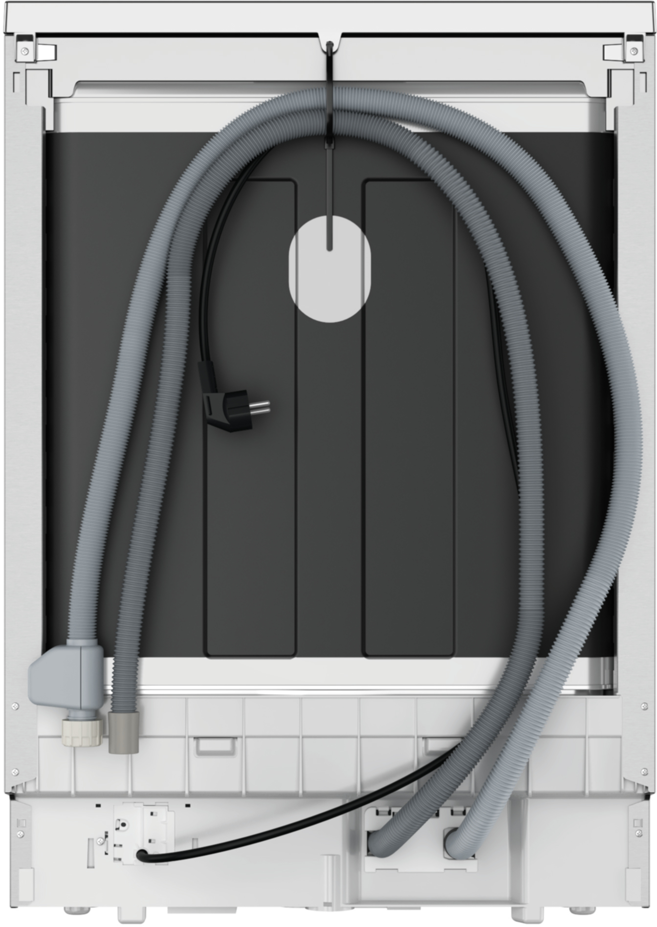 Tył zmywarki z wężami i kablami.