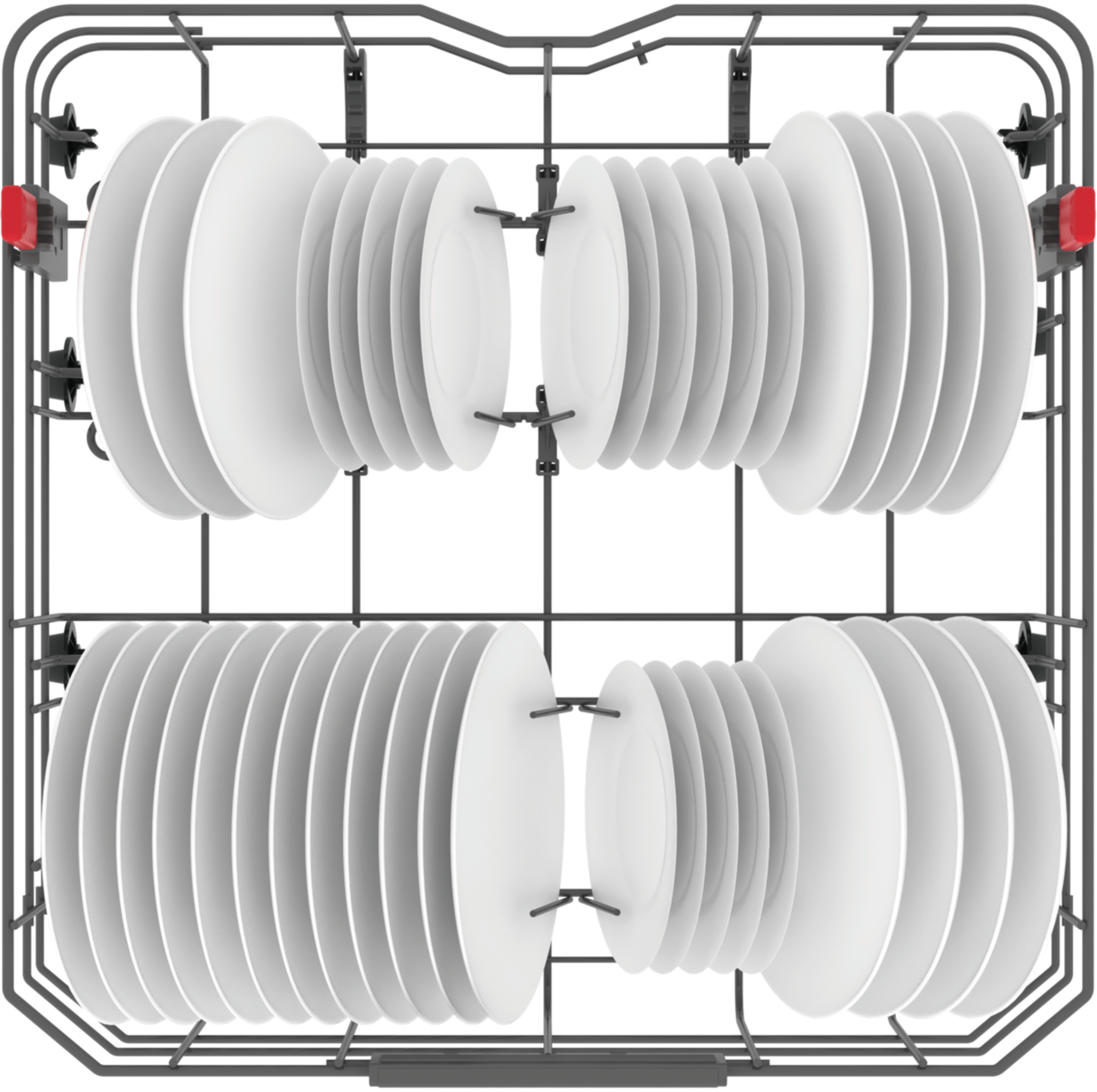Góra: Stojak na talerze w zmywarce z wieloma białymi talerzami. Dół: Stojak na talerze z wieloma białymi talerzami.