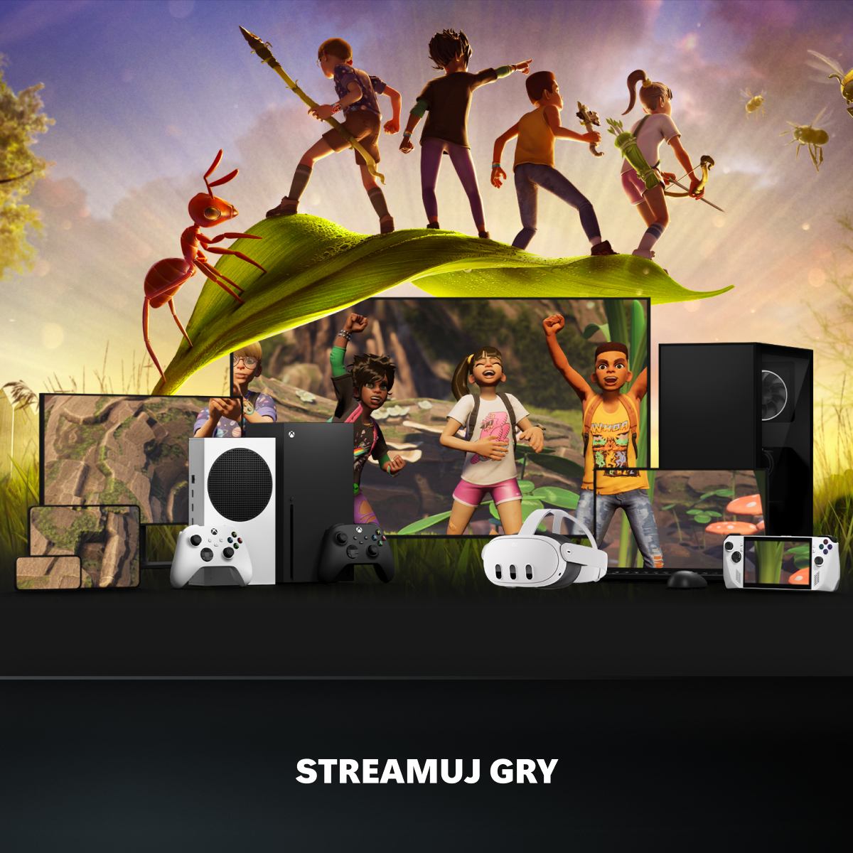 Dzieci na liściu z konsolami do gier i PC. Tekst: STREAMUJ GRY.