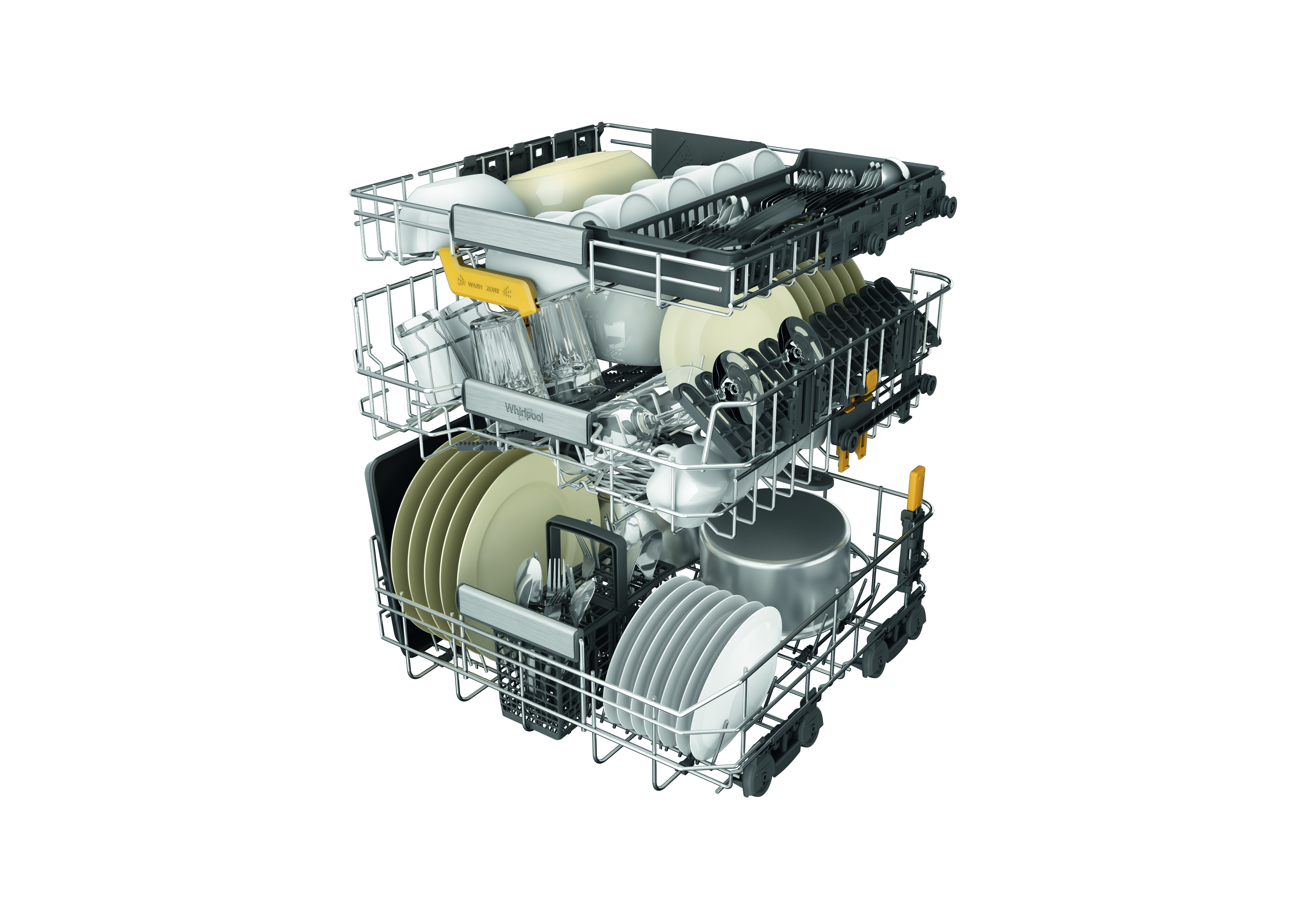 Kosz zmywarki wypełniony talerzami, szklankami, garnkami i sztućcami.