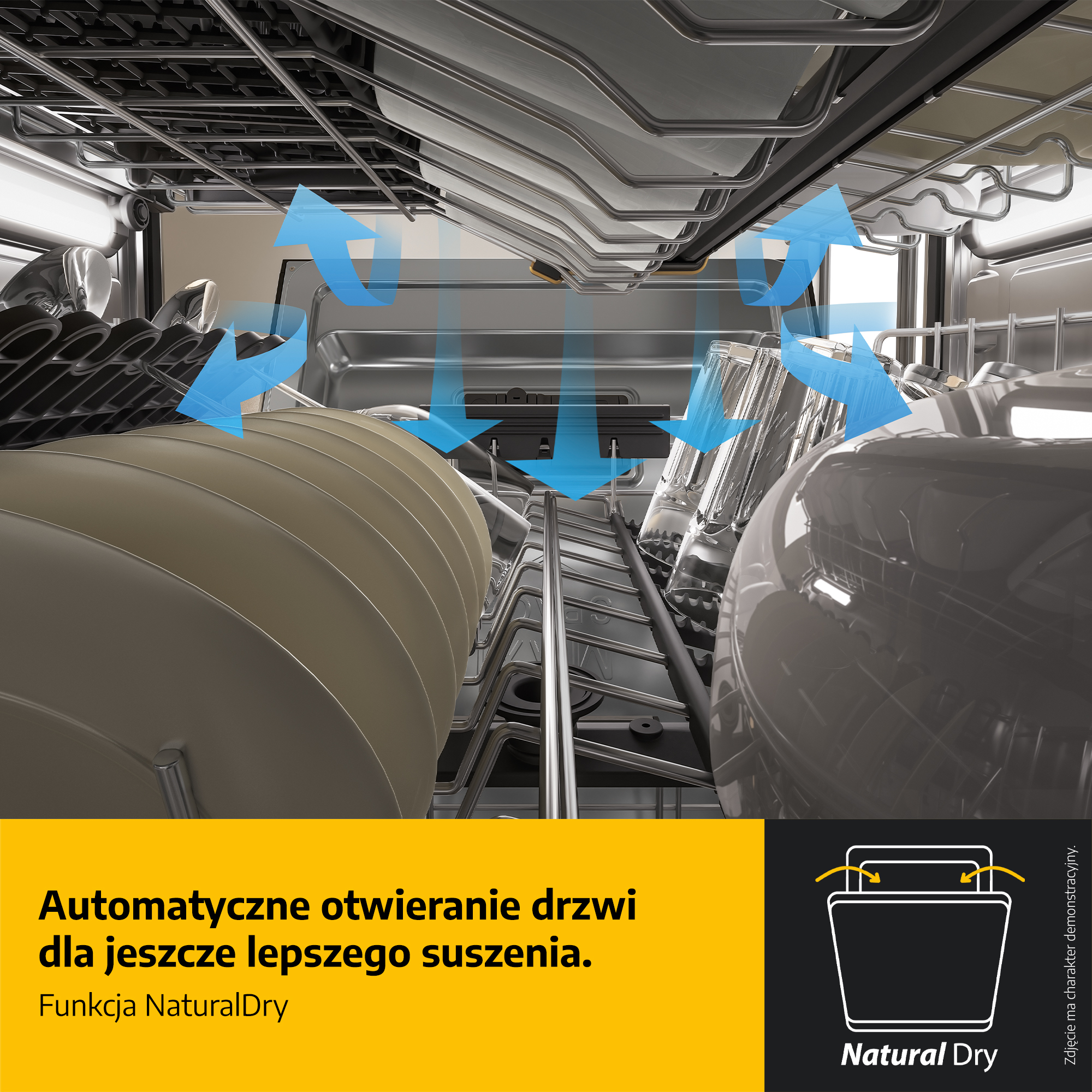 Naczynia w zmywarce z niebieskimi strzałkami wskazującymi cyrkulację powietrza.