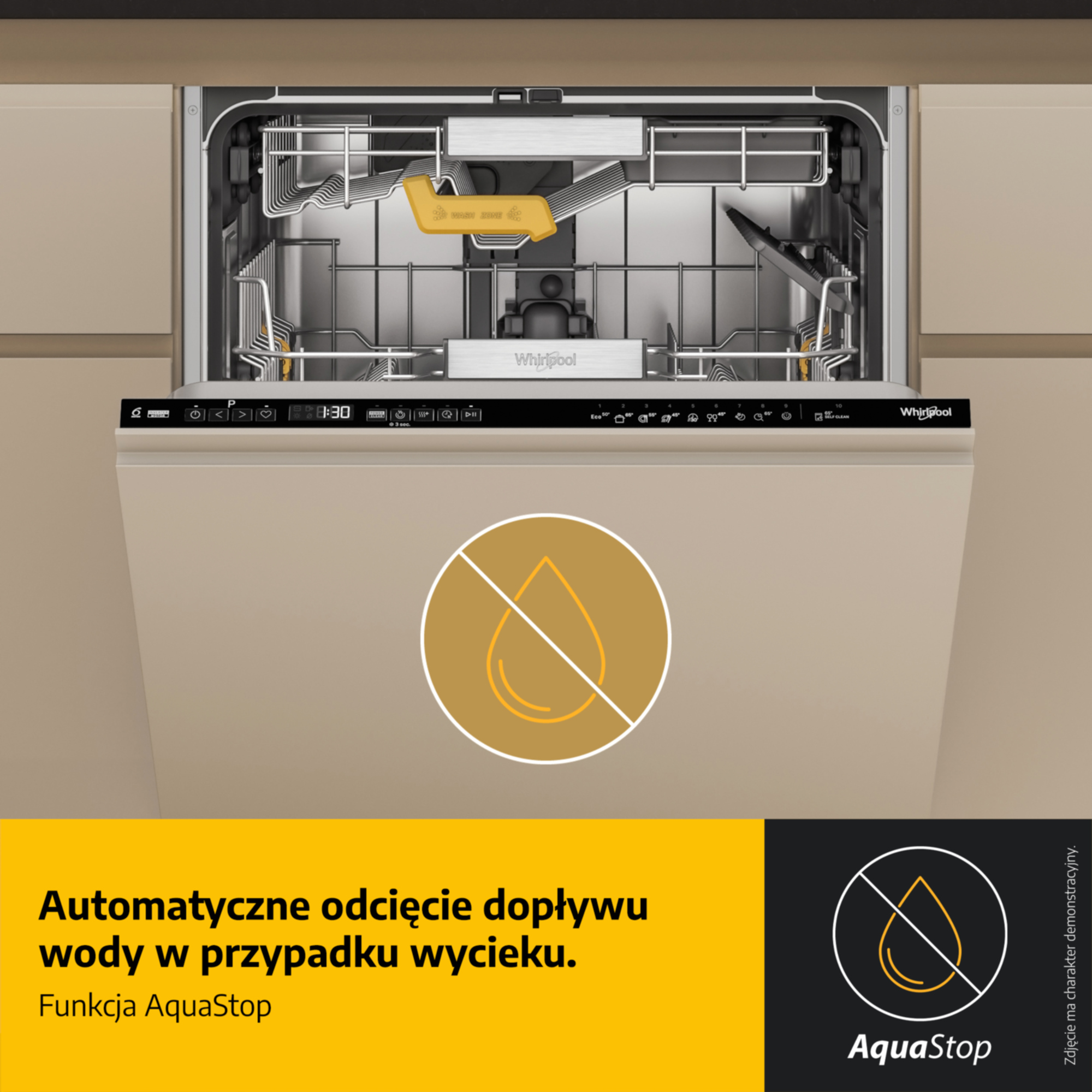 Otwarty zmywarka z żółtym ramieniem spryskującym i panelem sterowania. Przekreślony symbol wody.