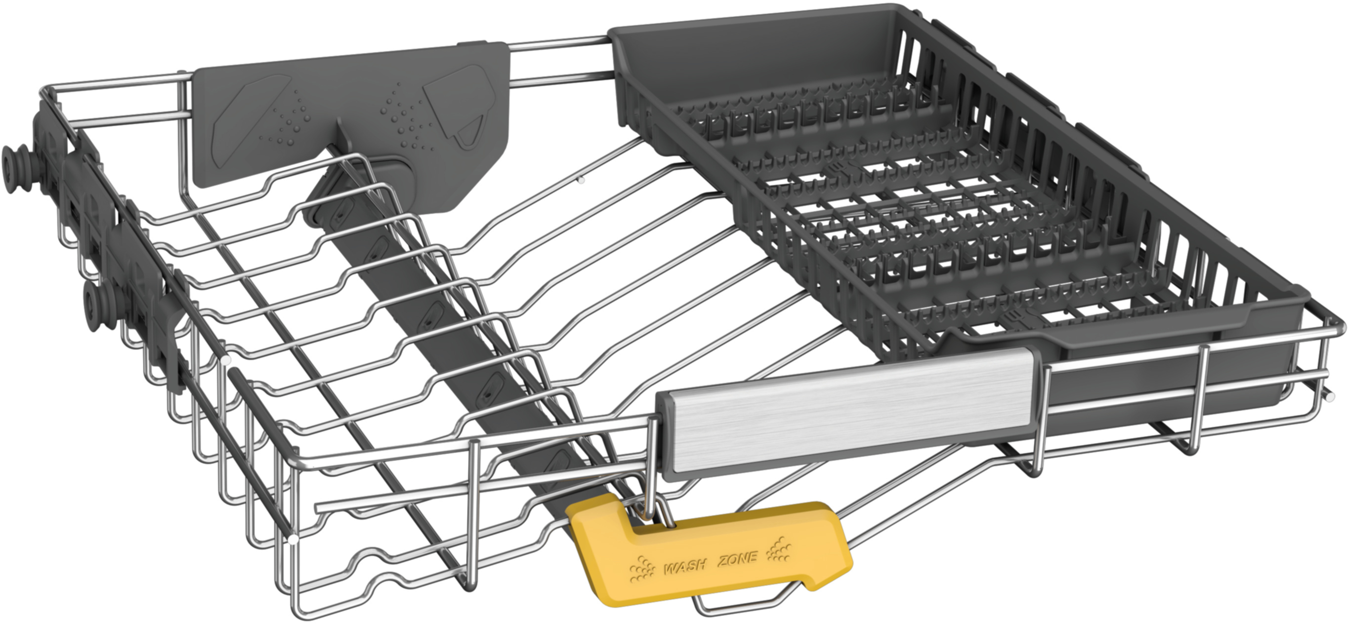 Wysuwany kosz zmywarki z elementami srebrnymi i szarymi oraz żółtym uchwytem.