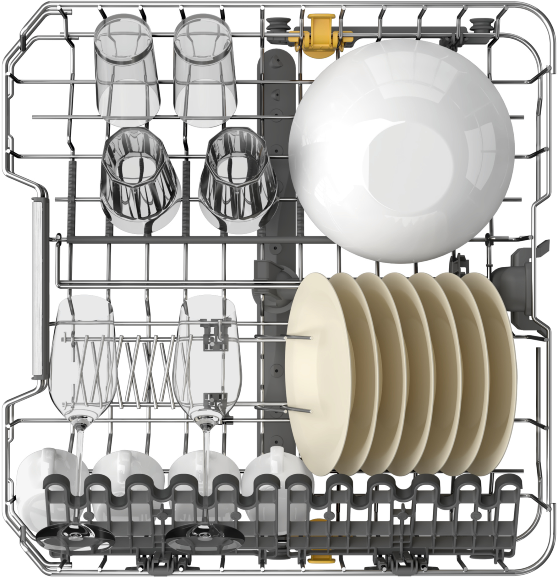 Górny kosz zmywarki ze szklankami, miską i talerzami.