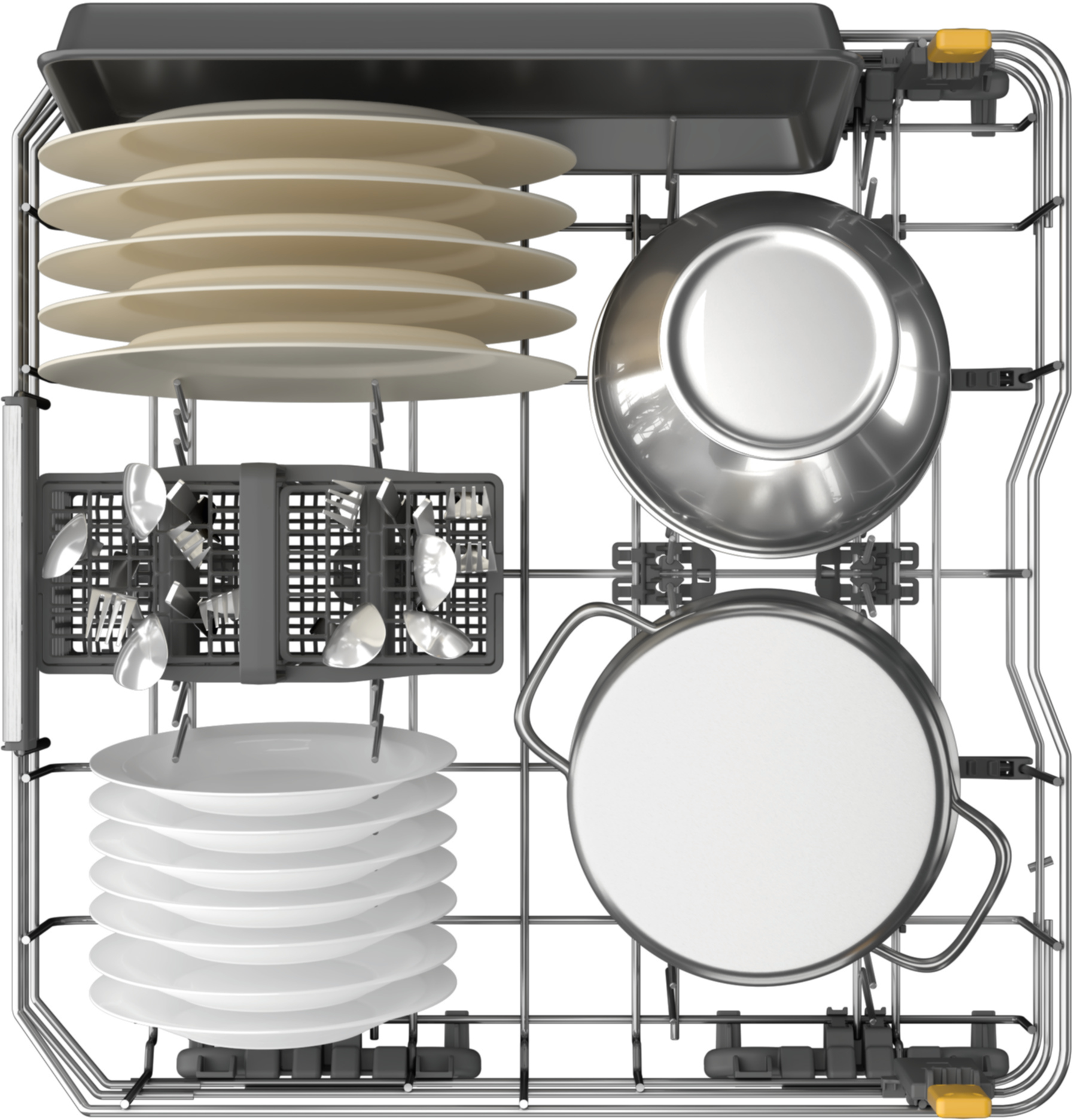 Kosz zmywarki z talerzami, miskami, garnkami i sztućcami.