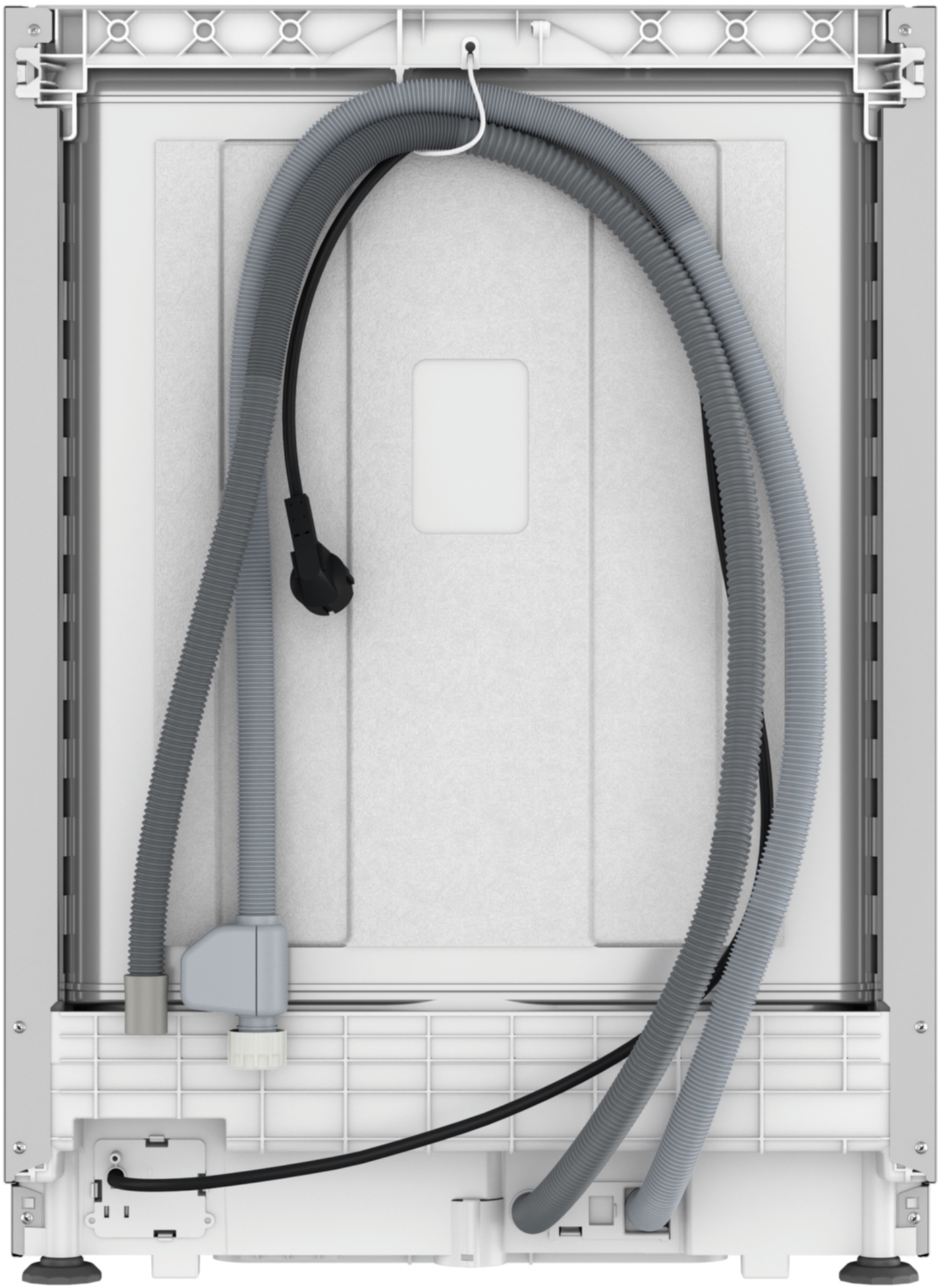 Tył zmywarki z szarymi wężami i czarnym kablem.