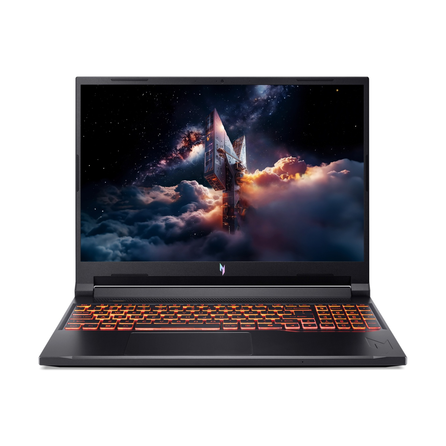 Un laptop nero con tastiera illuminata e sfondo a tema spaziale.