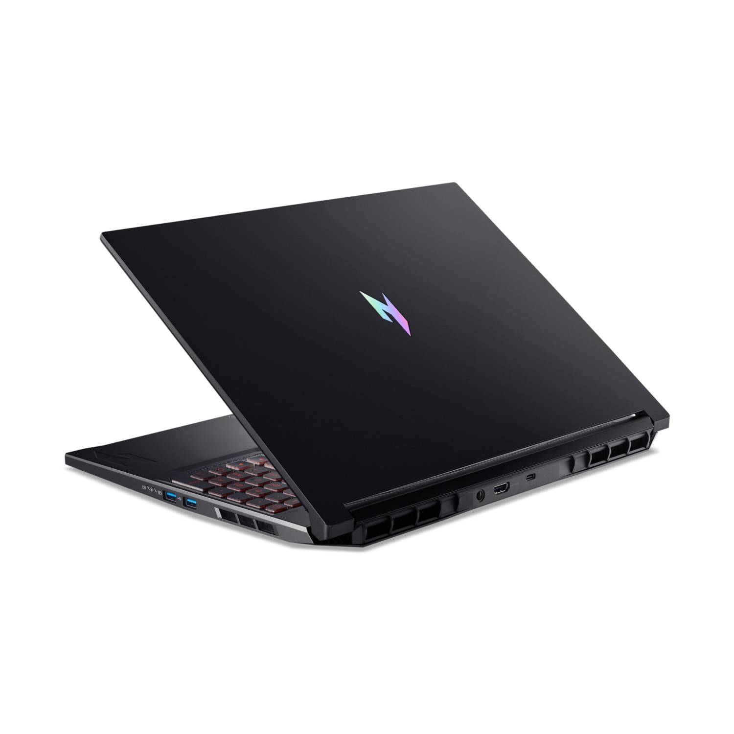Laptop nero con tastiera e logo illuminati.