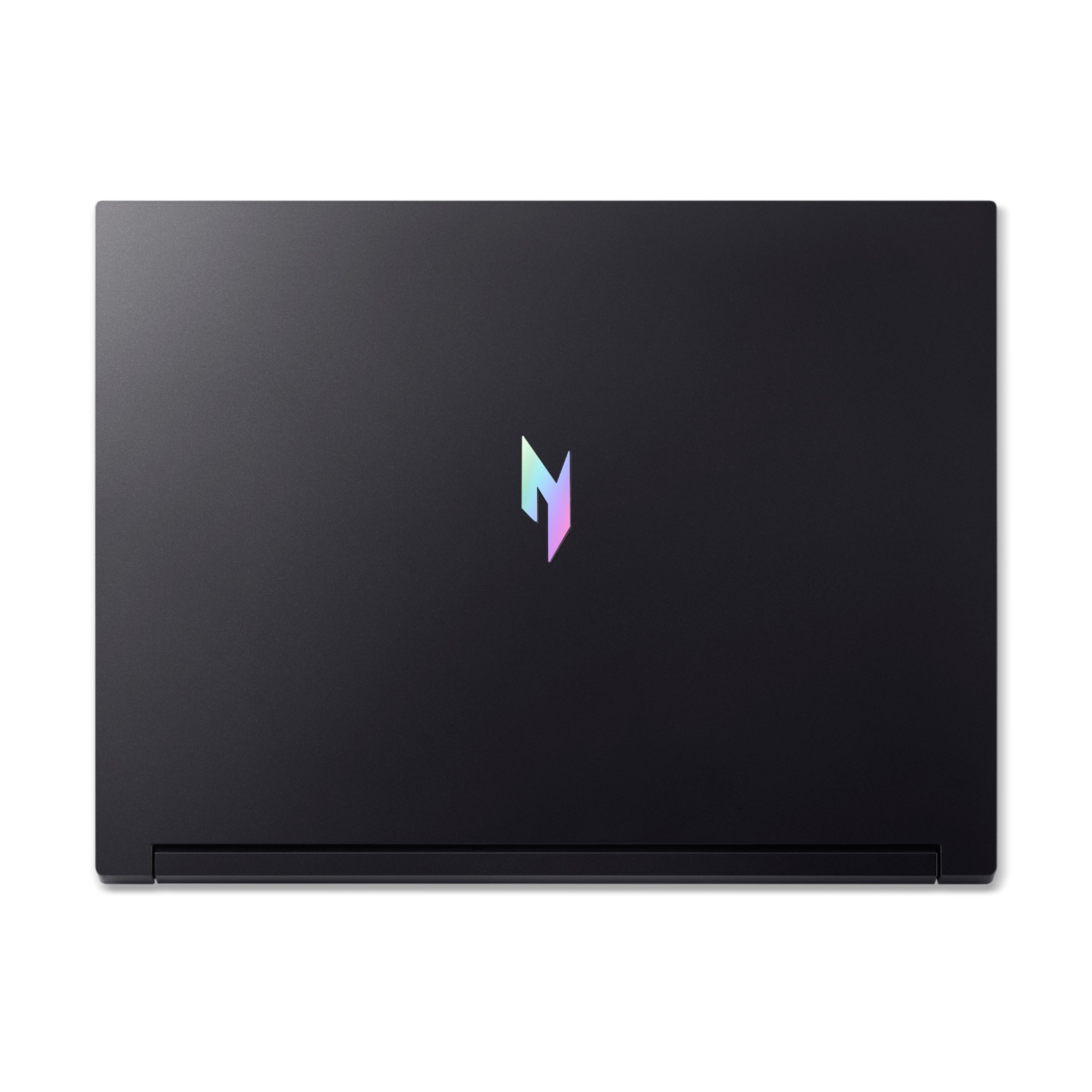 Laptop nero chiuso con un logo luccicante al centro.