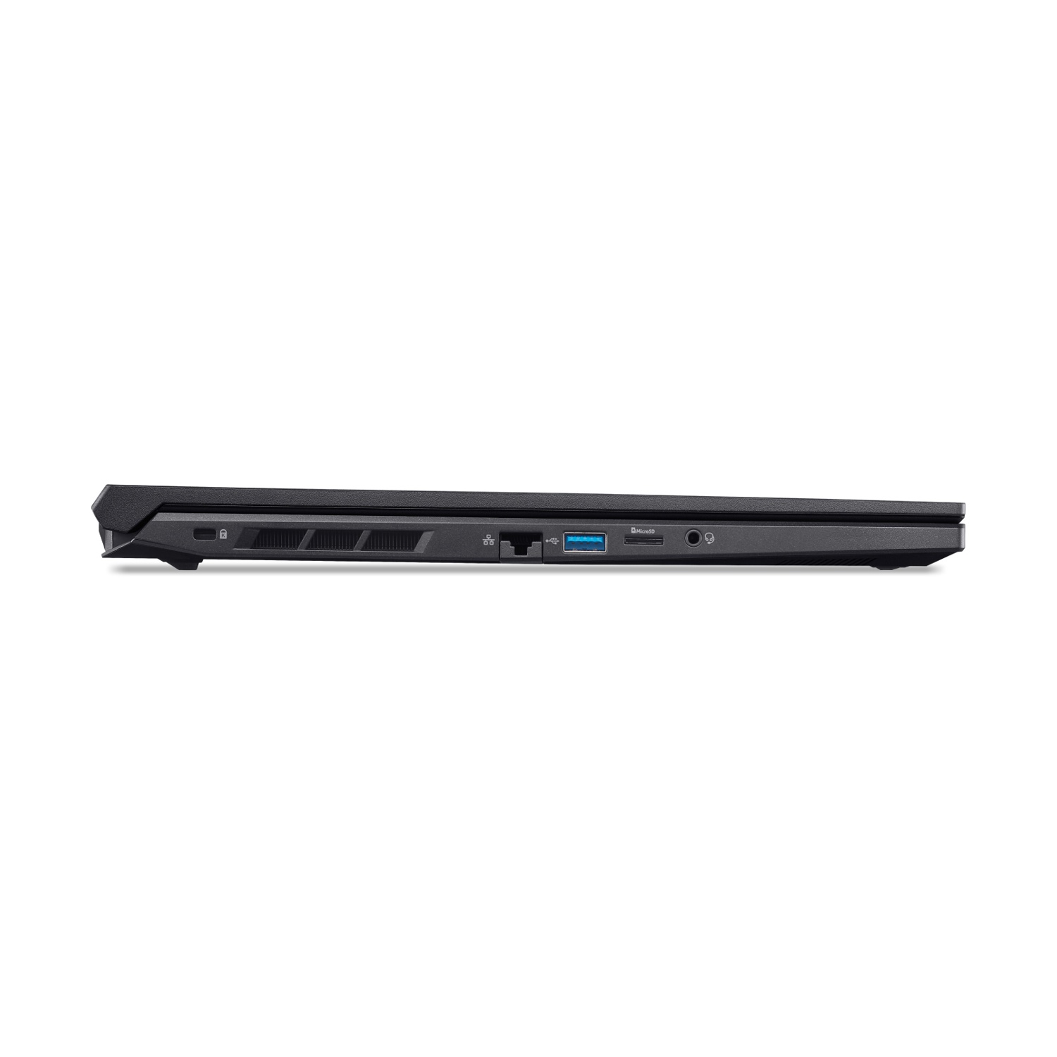 Lato laptop nero con porte: USB, lettore MicroSD, jack cuffie.
