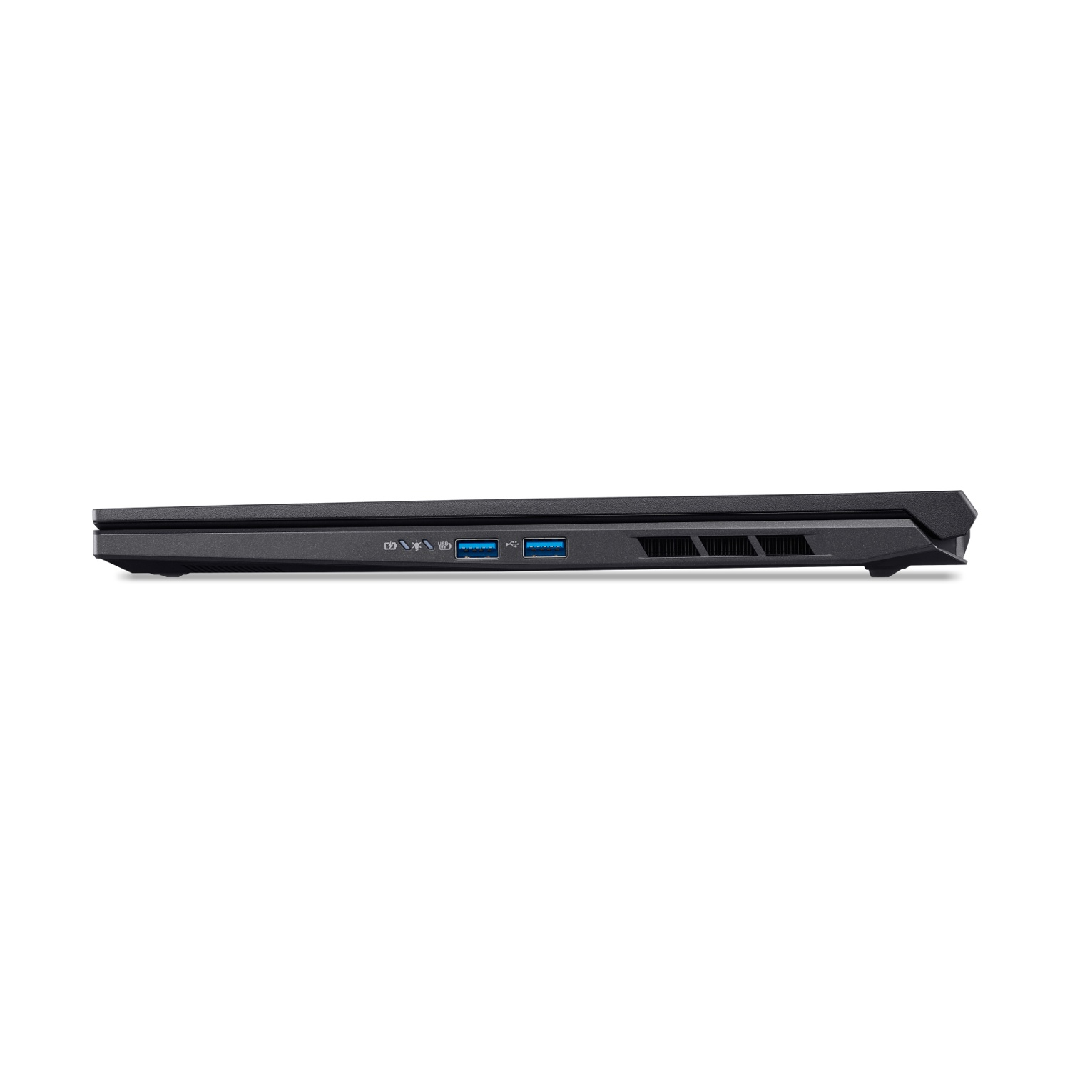 Vista laterale di un laptop nero con porte USB e fessure di ventilazione.