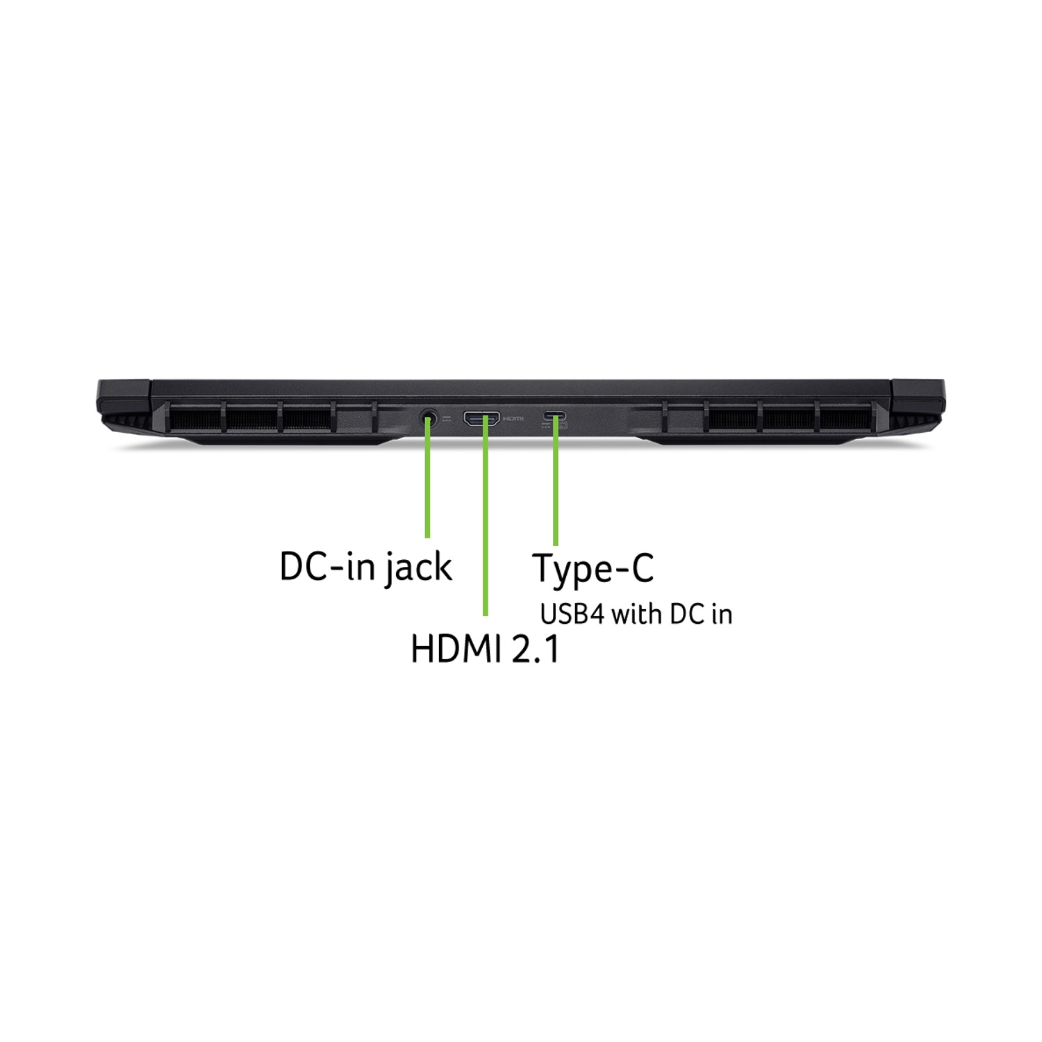 Retro di un laptop con porte: jack DC-in, HDMI 2.1 e USB4 Type-C.