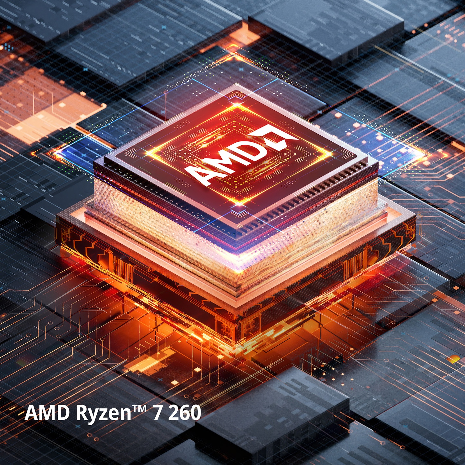 CPU AMD Ryzen 7 260 su una scheda di circuito con linee luminose.