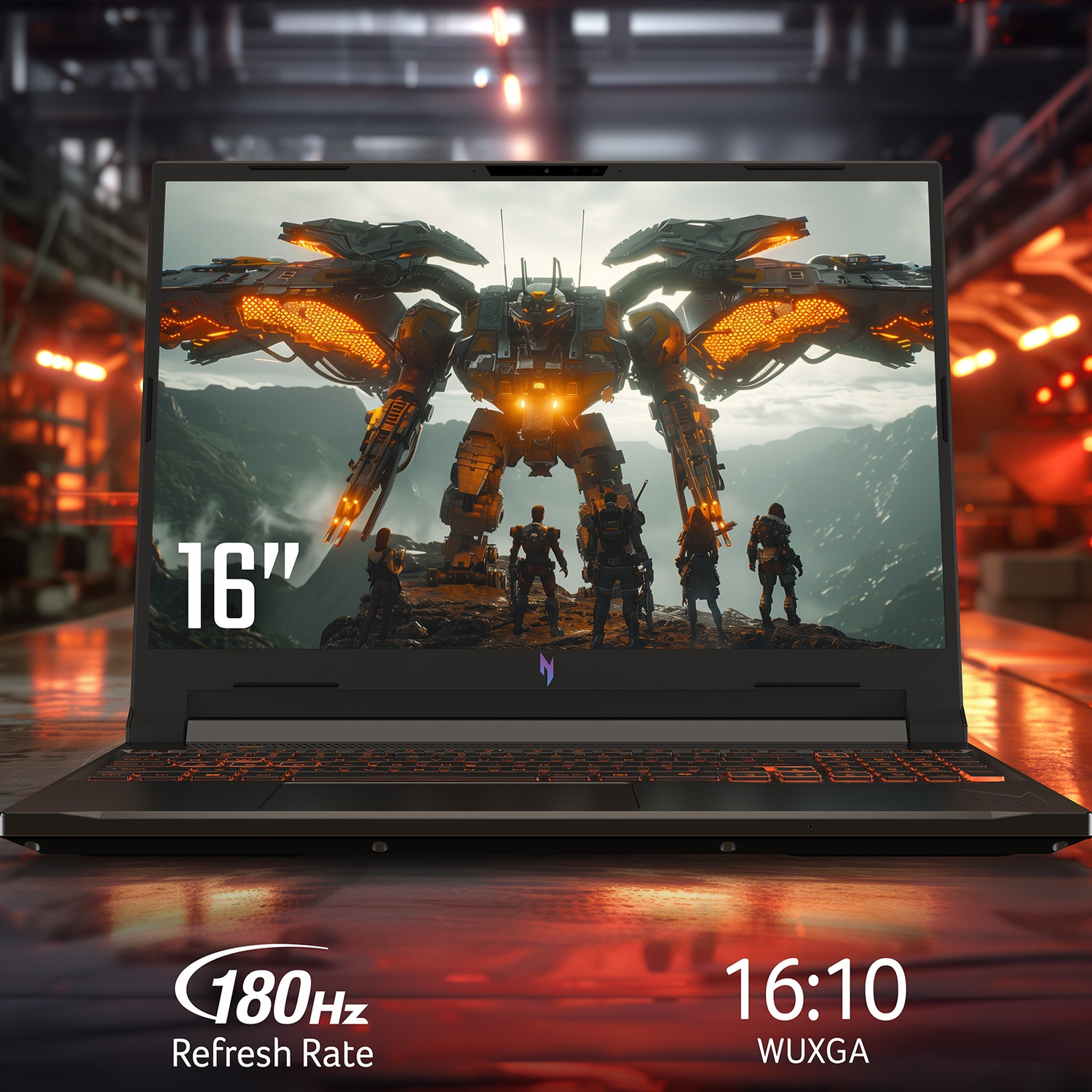 Un laptop da gaming mostra un mech e figure su montagne. 16" 180Hz WUXGA.