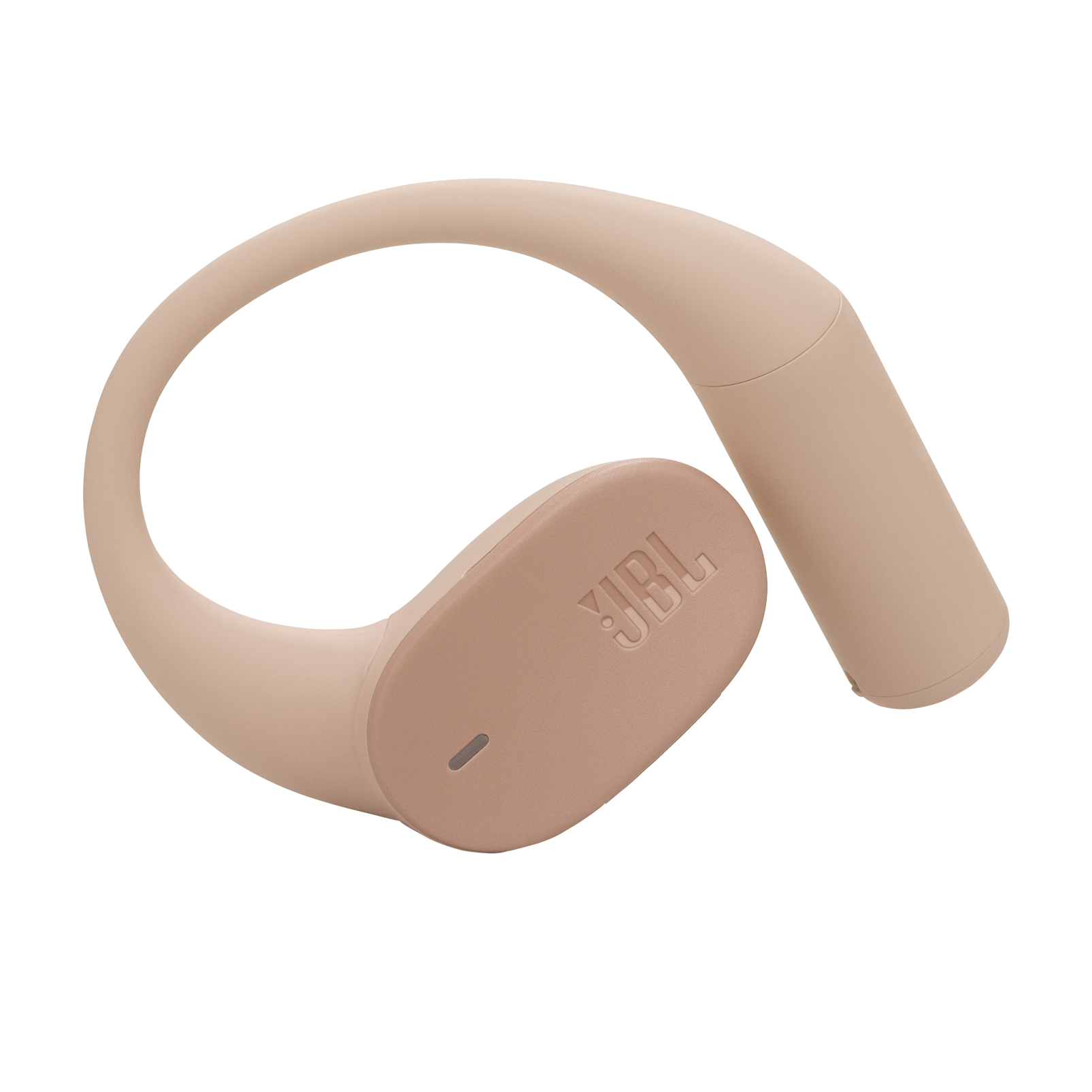 Kulak kancalı, ince ışıklı şeftali rengi JBL kulaklık.