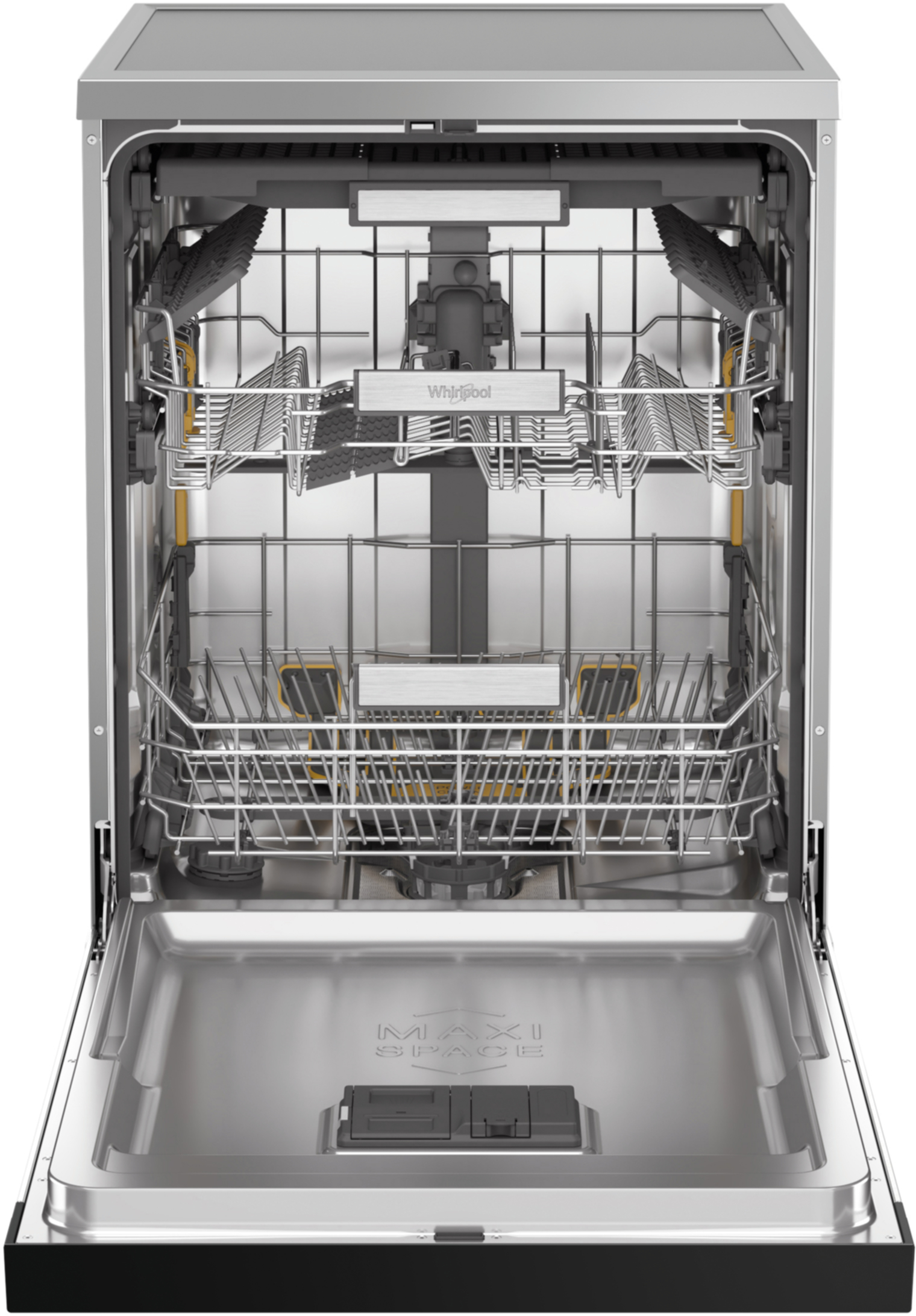 Otwarta zmywarka z dwoma koszami, metalowymi stelażami i żółtymi akcentami.