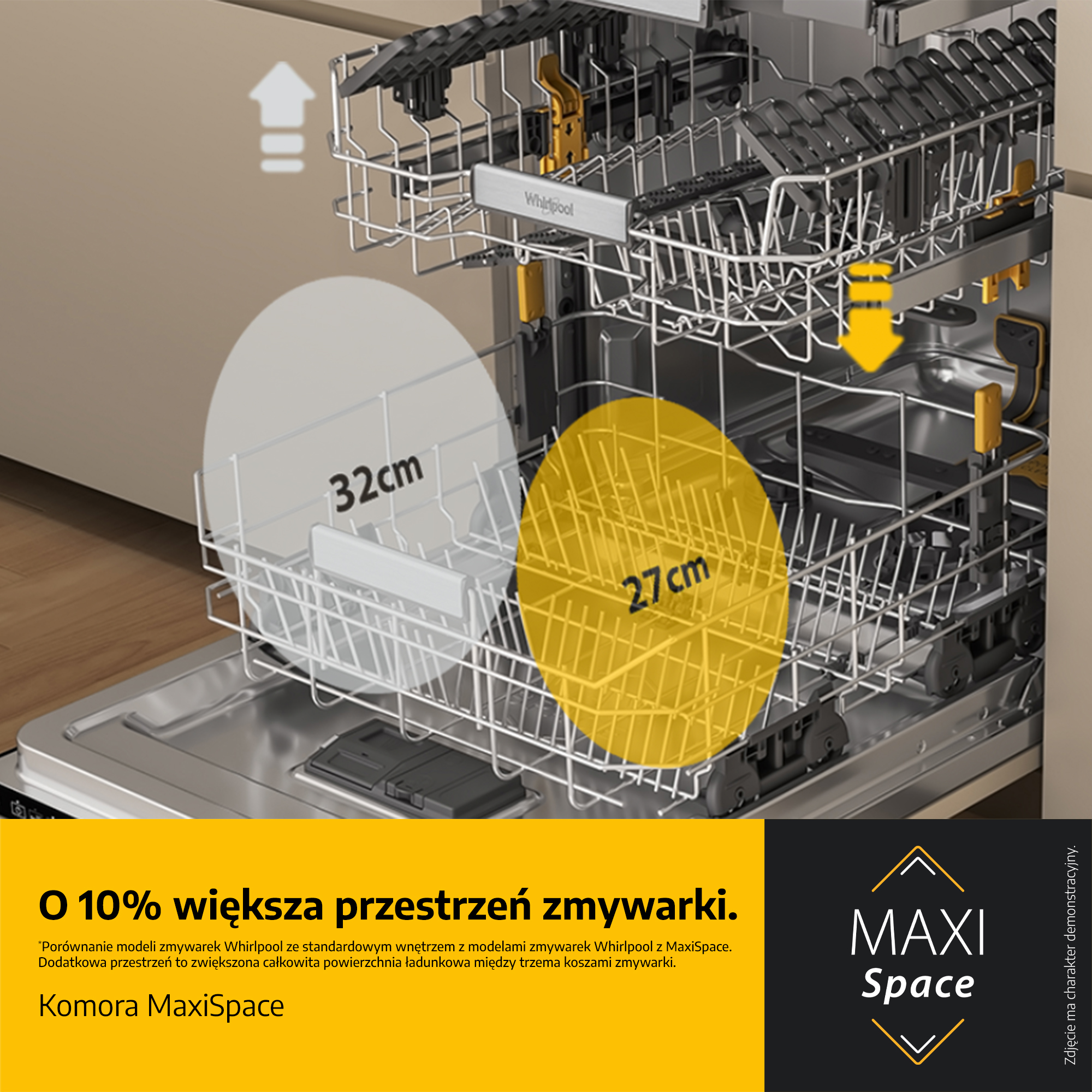 Zmywarka z komorą MaxiSpace. Wymiary 32cm i 27cm.