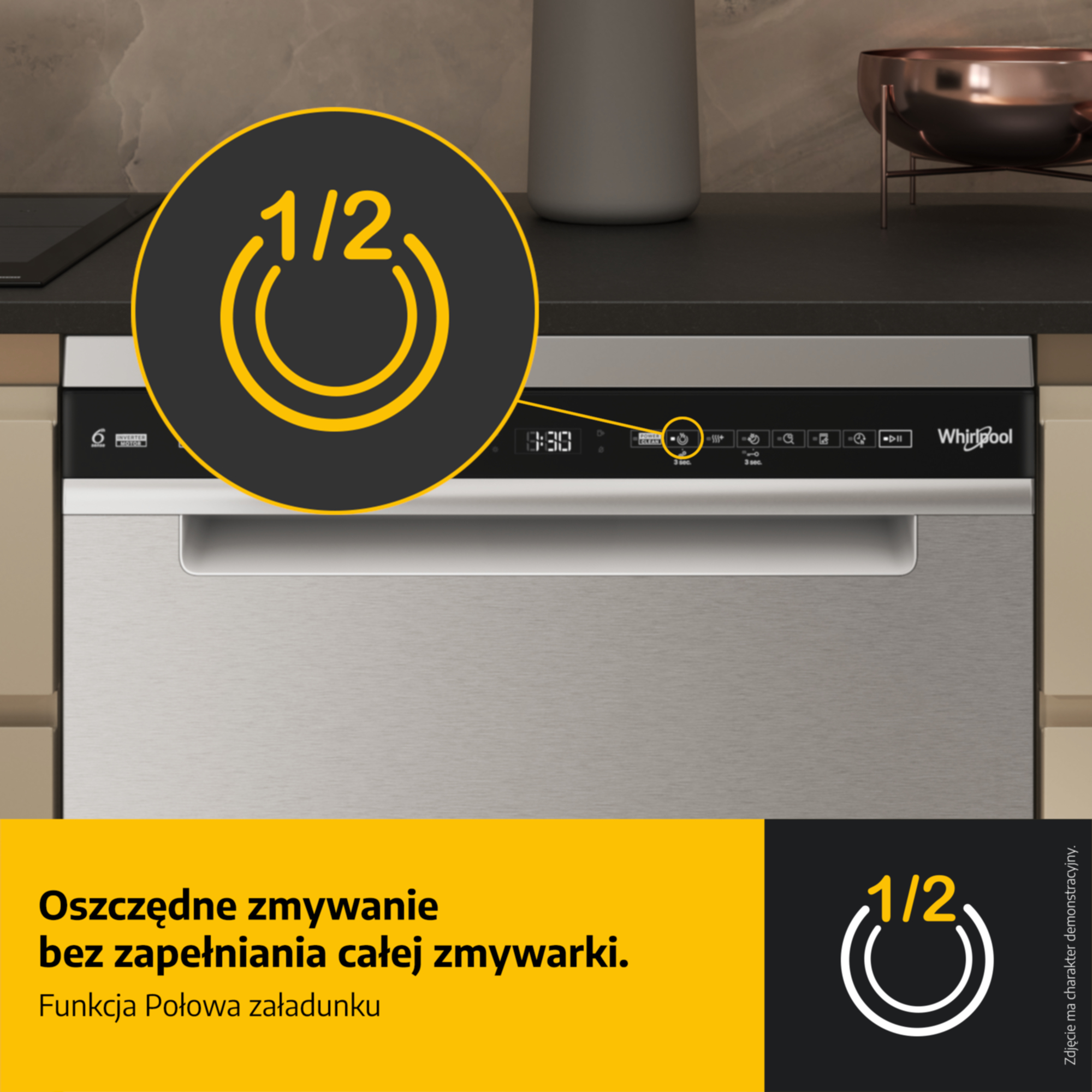Panel sterowania zmywarki z ikoną i tekstem 'połowa załadunku'.