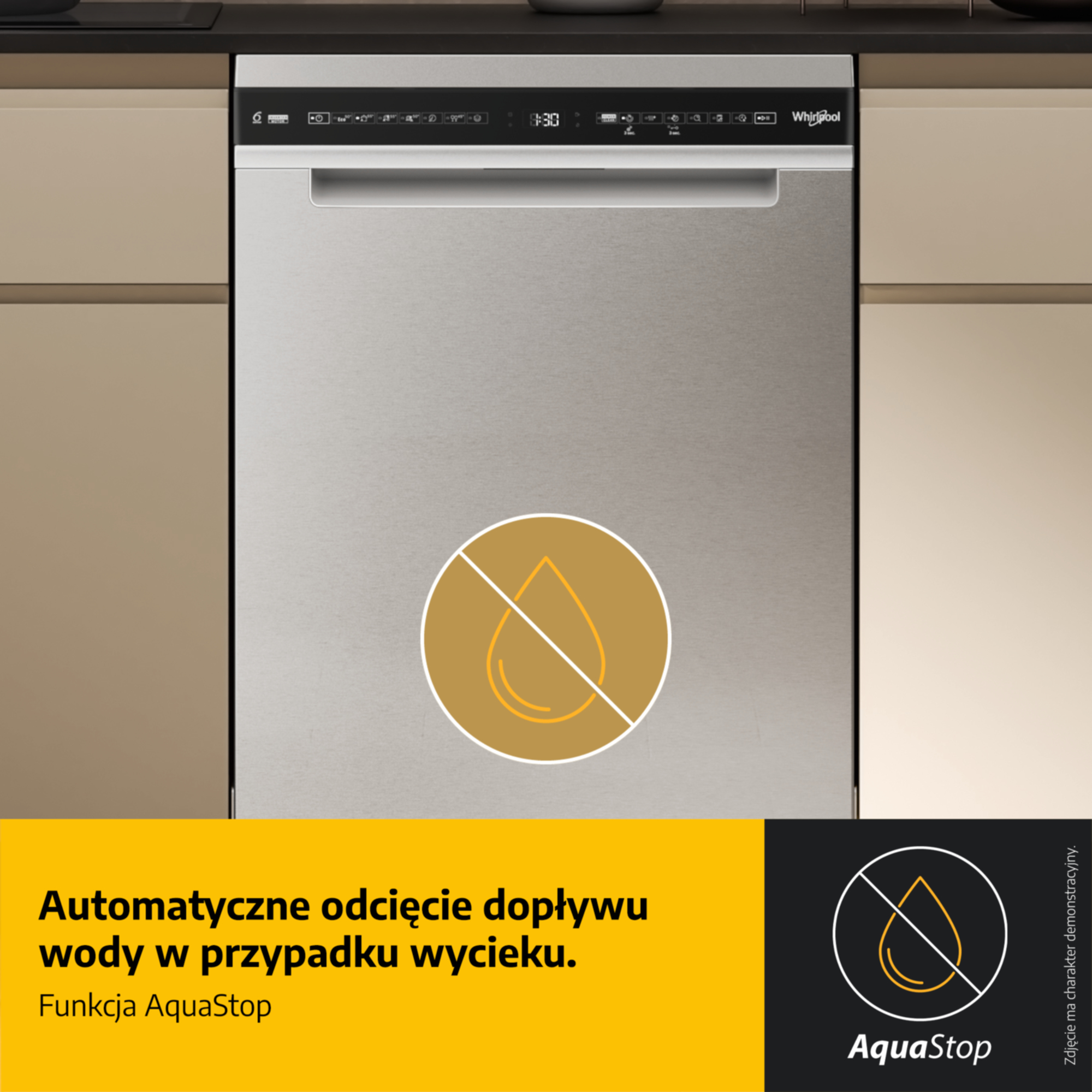Zmywarka z AquaStop. Wyświetla 8:30. Symbol braku wody.