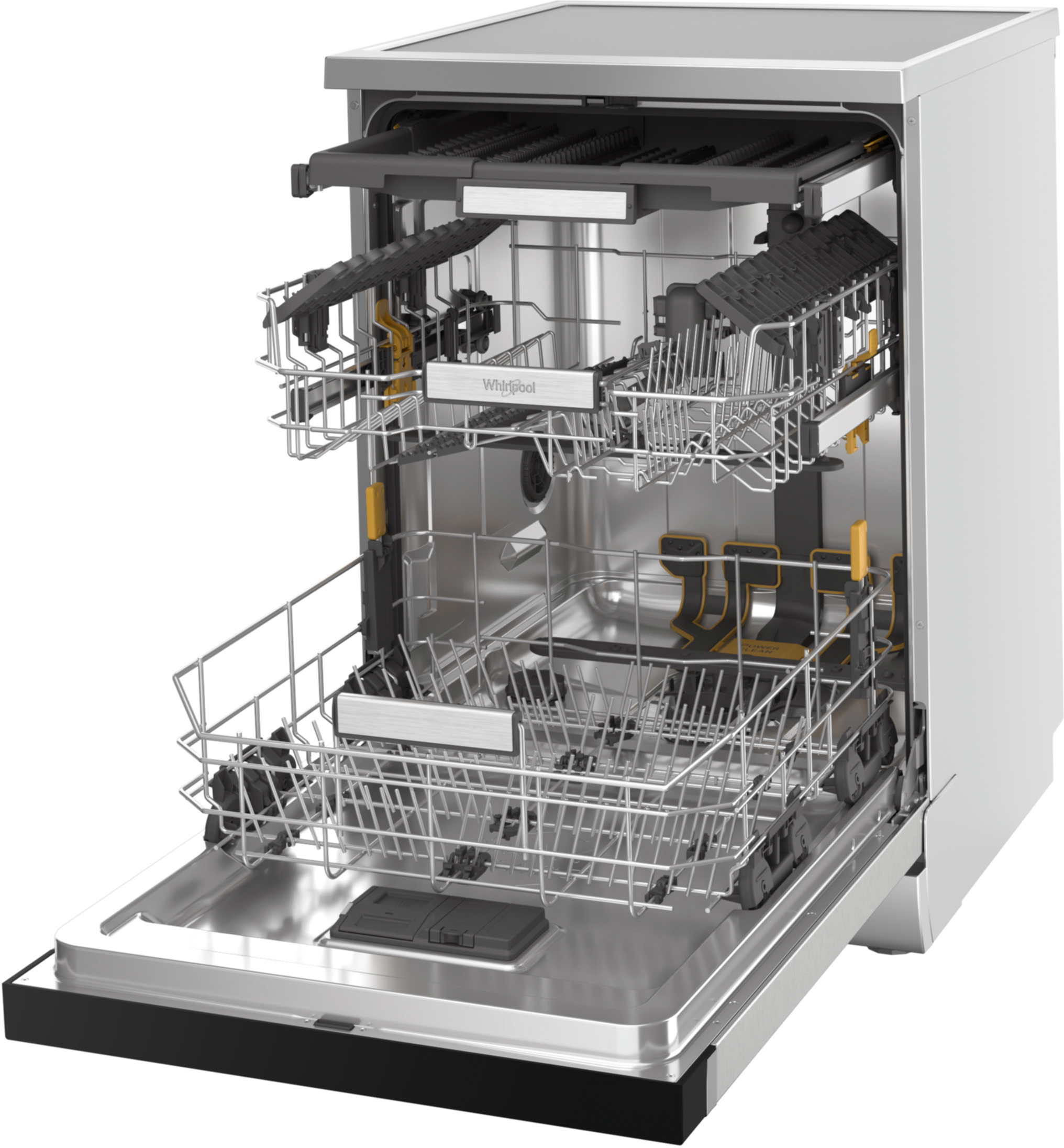 Otwarta zmywarka z wysuwanymi koszami. Szara i srebrna.