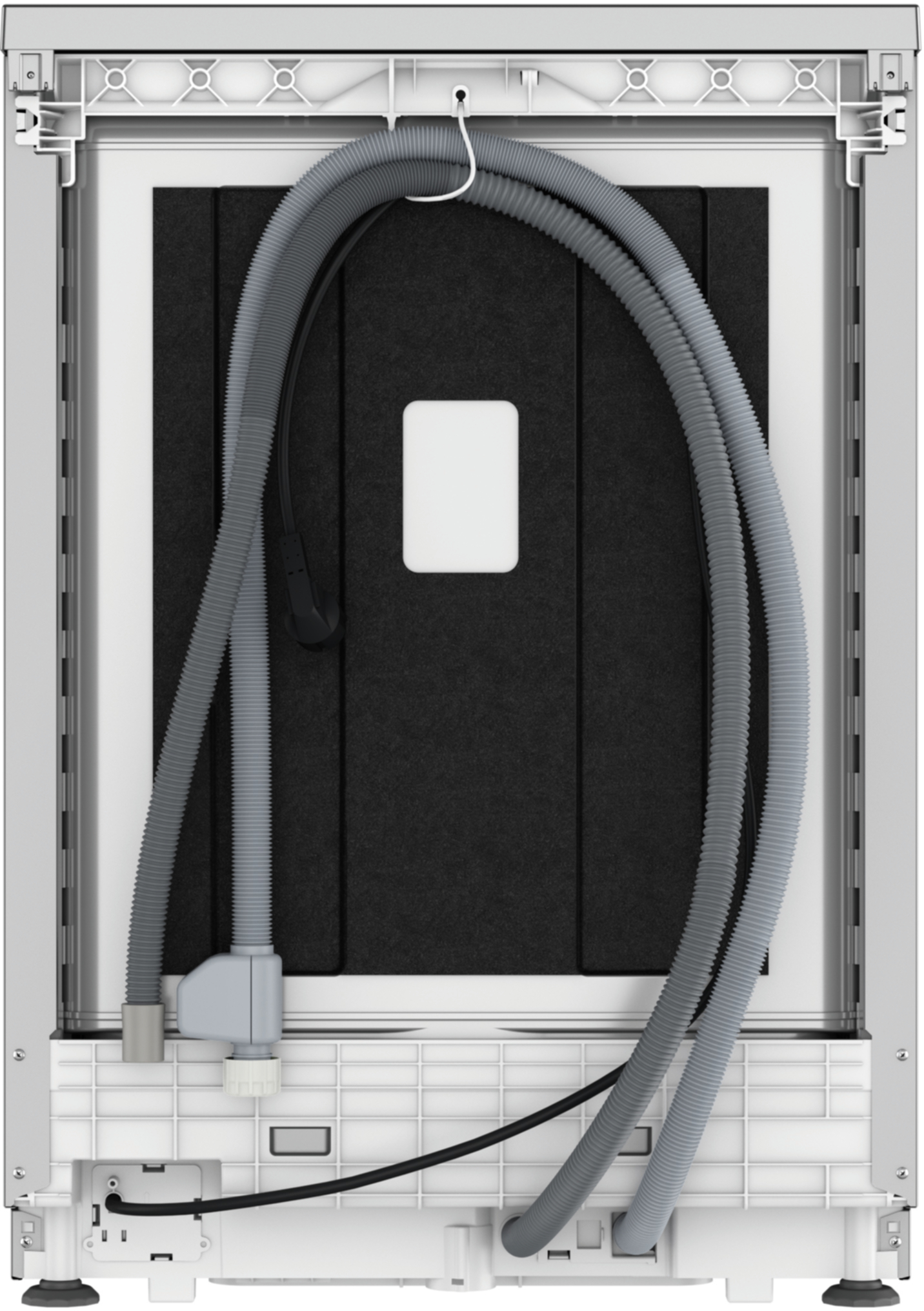 Tył zmywarki z wężami i kablami na dole.